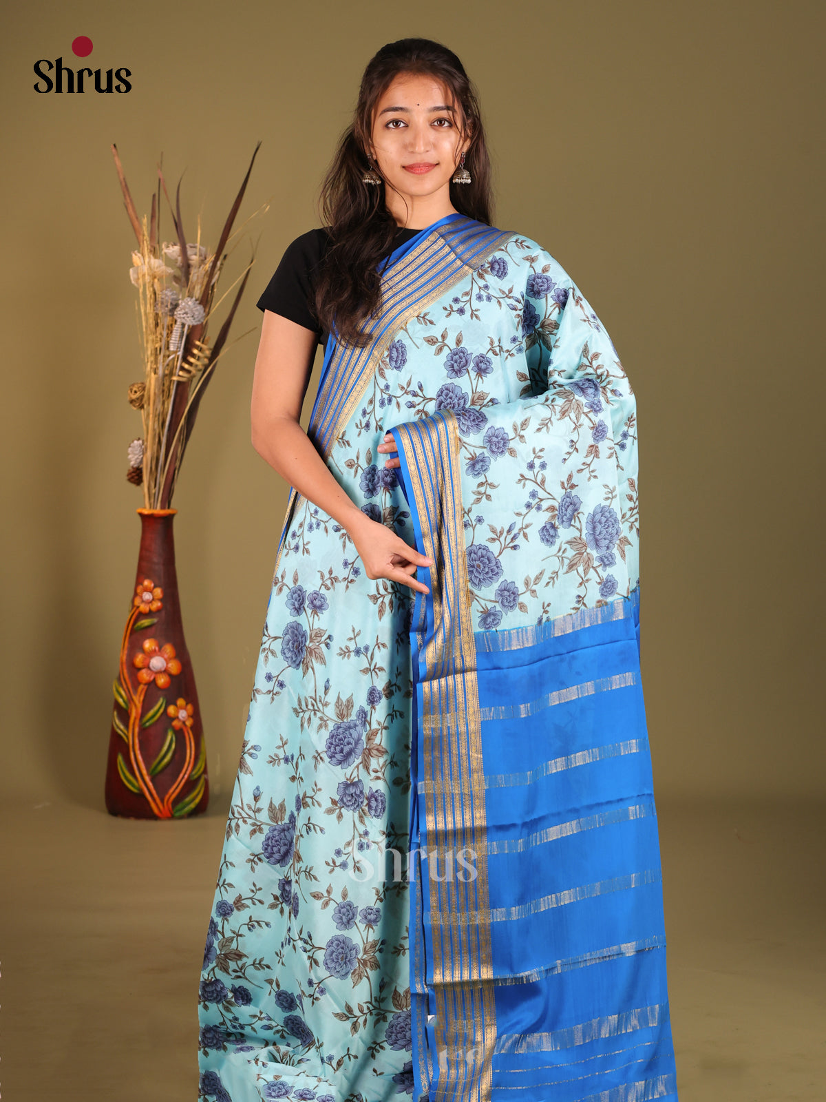 Striking Light Blue Mysore Silk Saree With Blue Zari Border