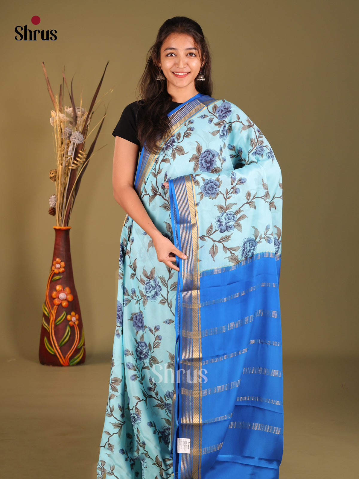 Light Blue & Blue - Mysore Silk Print Saree - Shop on Shrus.com