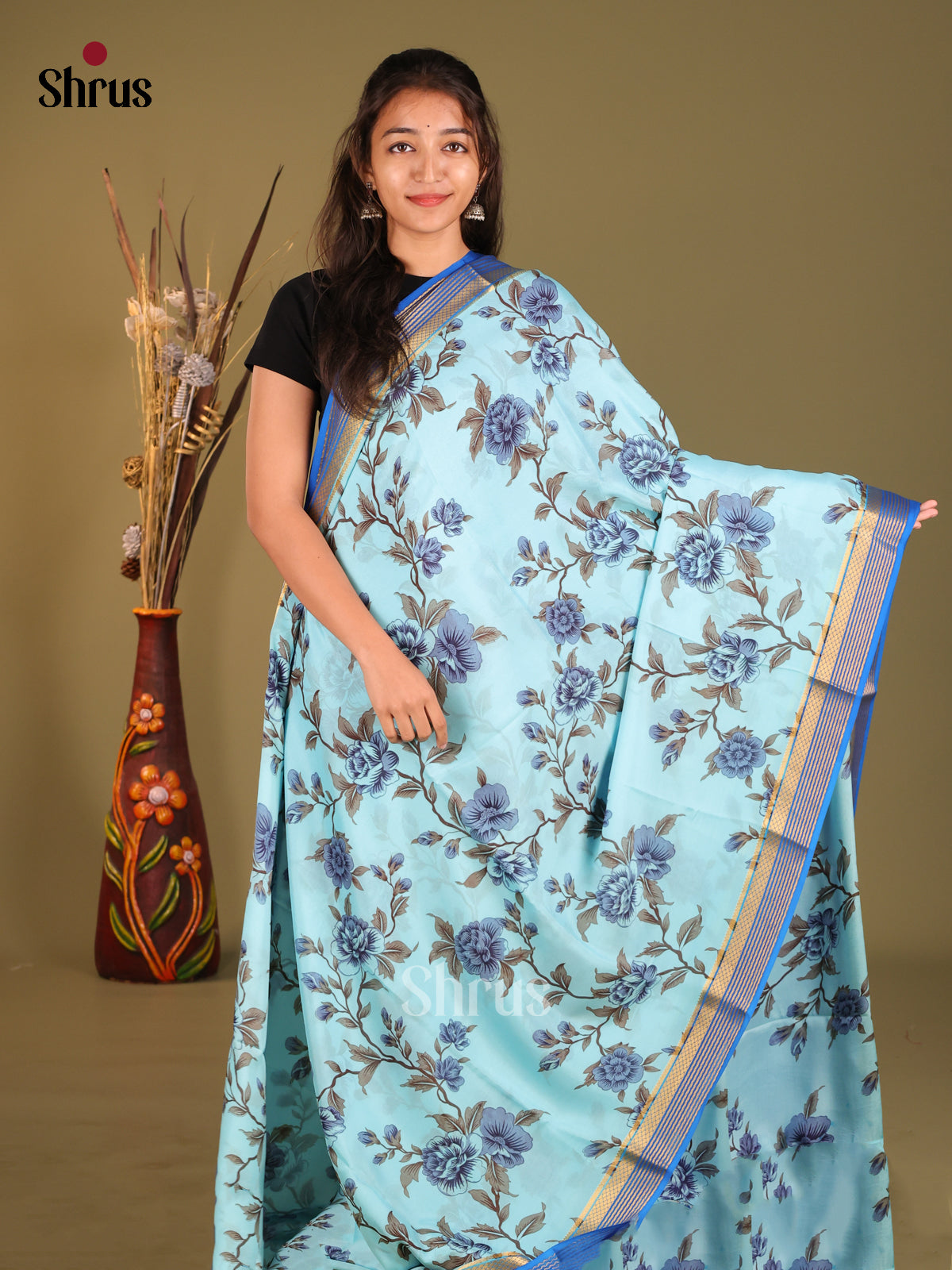 Light Blue & Blue - Mysore Silk Print Saree - Shop on Shrus.com