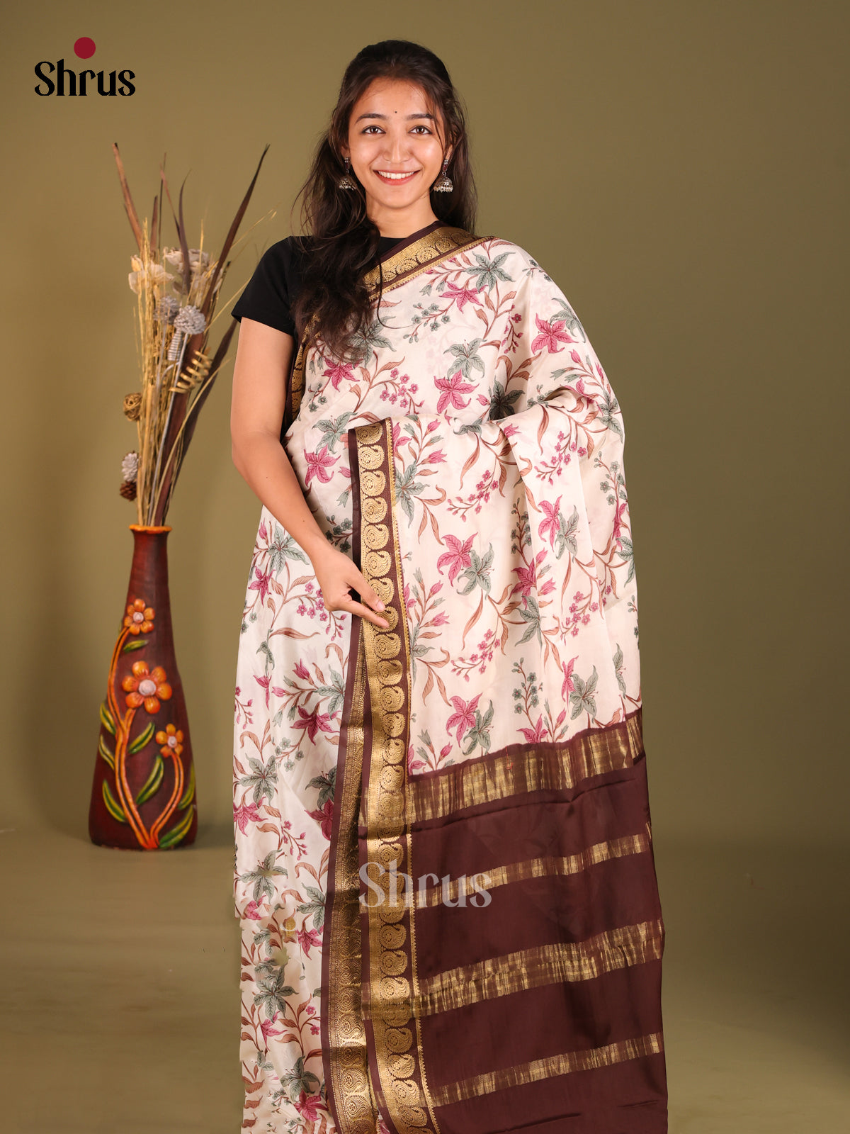 Cream & Brown- Mysore Silk Print Saree