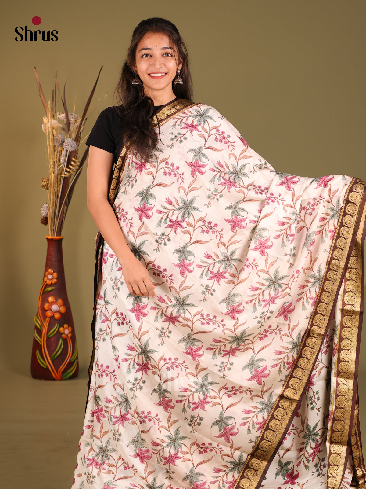 Cream & Brown- Mysore Silk Print Saree