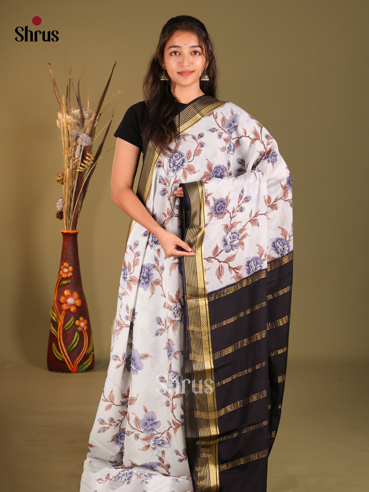 Grey & Navy Blue - Mysore Silk Print Saree - Shop on Shrus.com