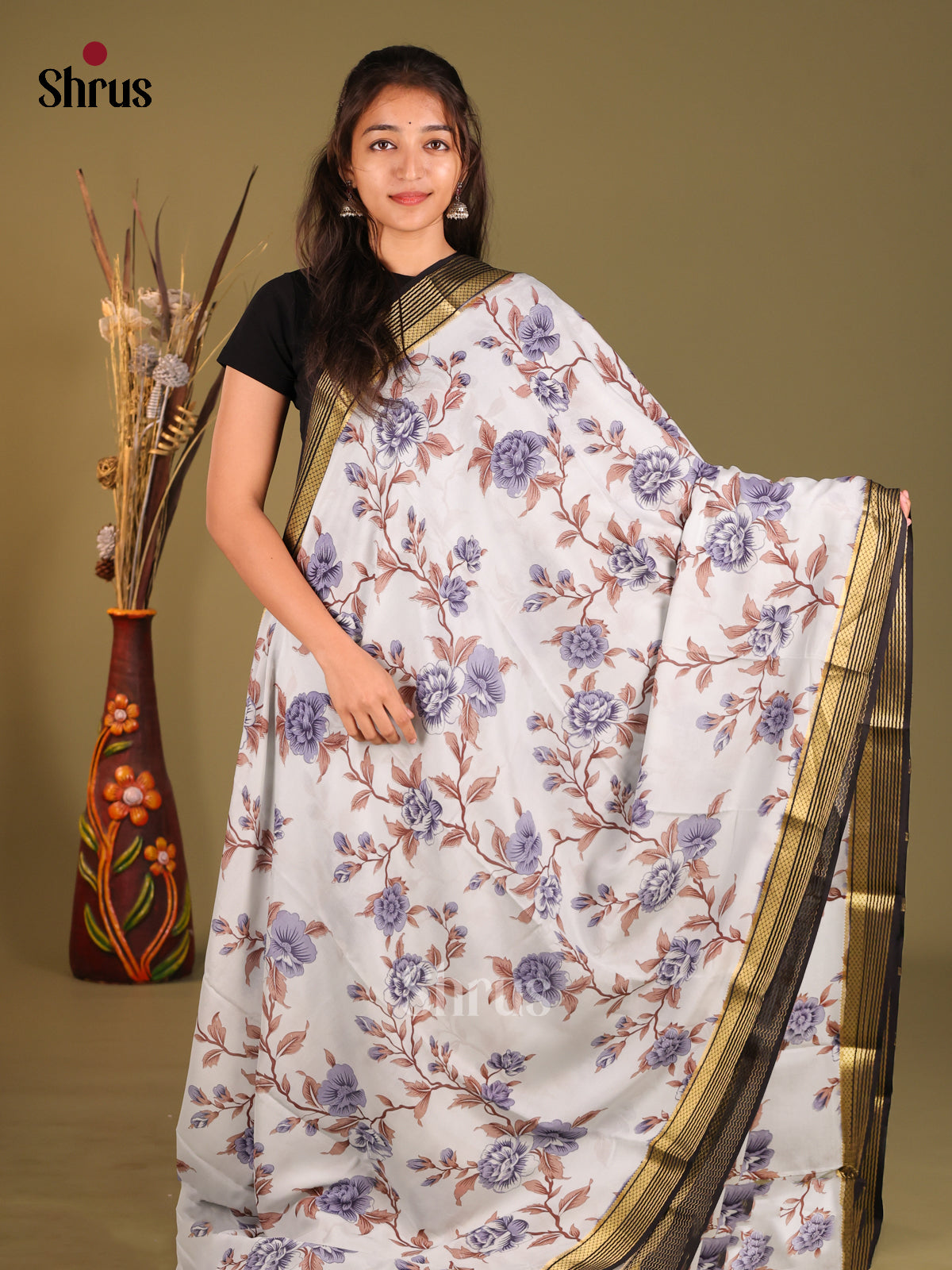 Grey & Navy Blue - Mysore Silk Print Saree - Shop on Shrus.com