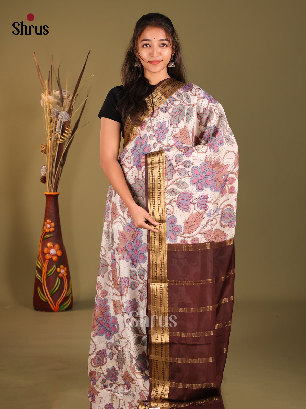 Cream & Brown - Mysore Silk Print Saree