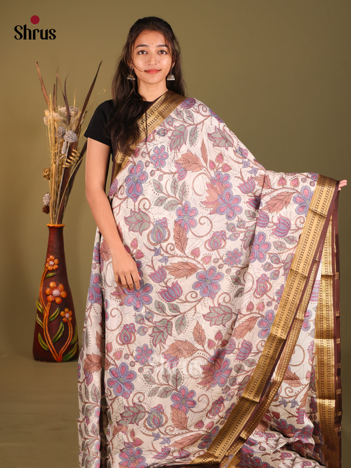 Cream & Brown - Mysore Silk Print Saree