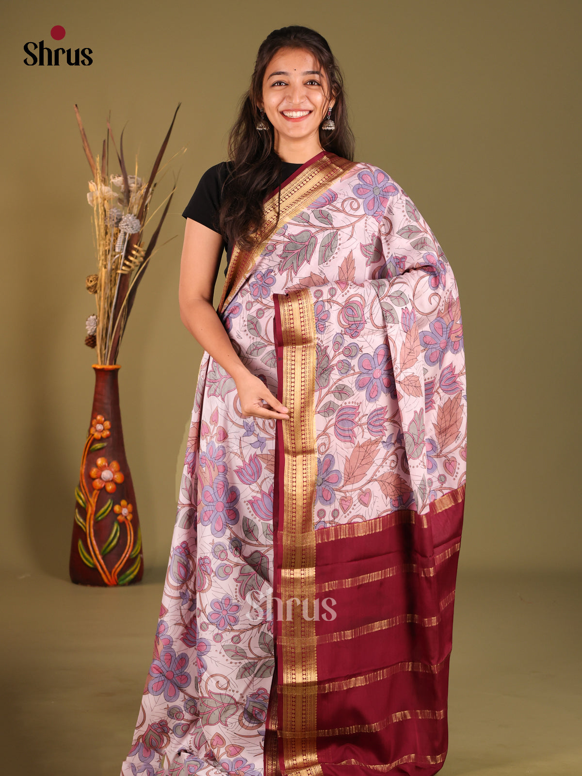 Lavender & Maroon- Mysore Silk Print Saree
