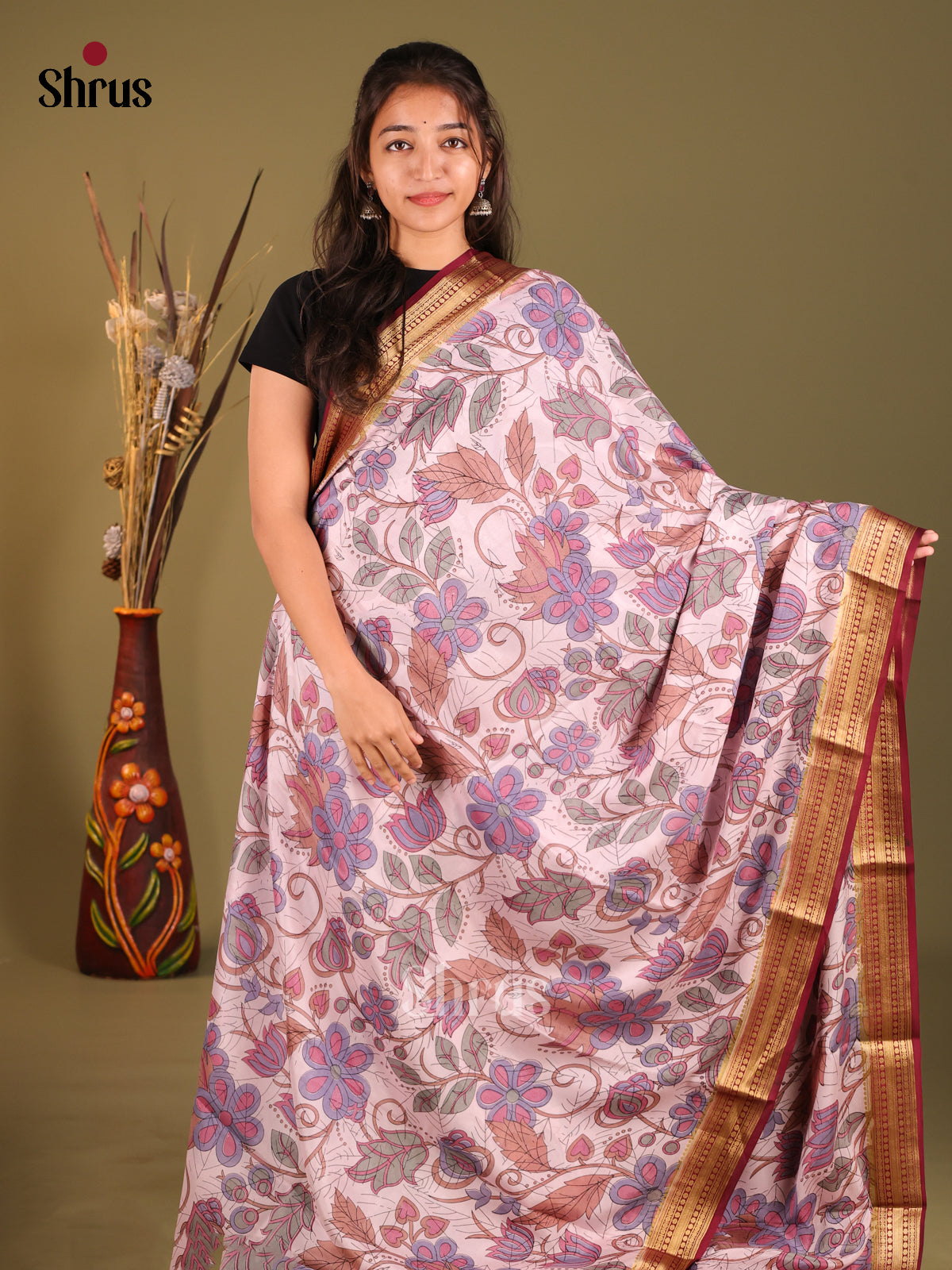 Lavender & Maroon- Mysore Silk Print Saree