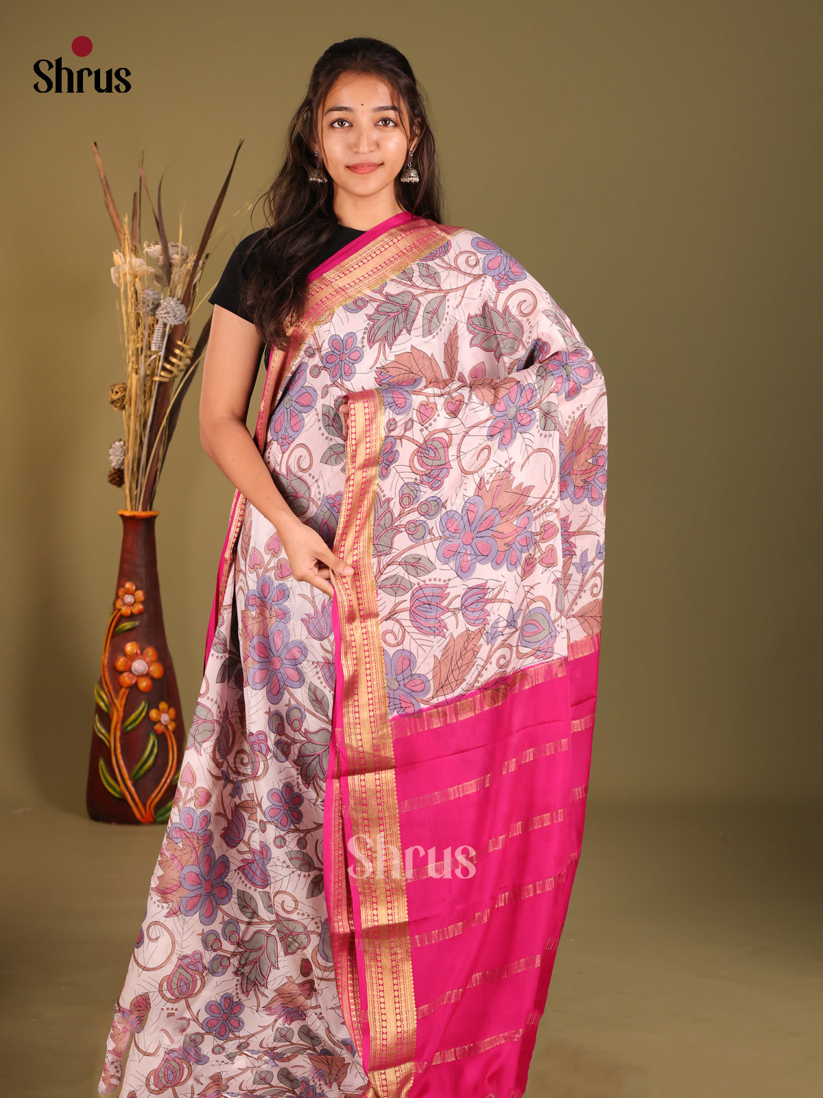 Lavender & Pink - Mysore Silk Print Saree - Shop on Shrus.com