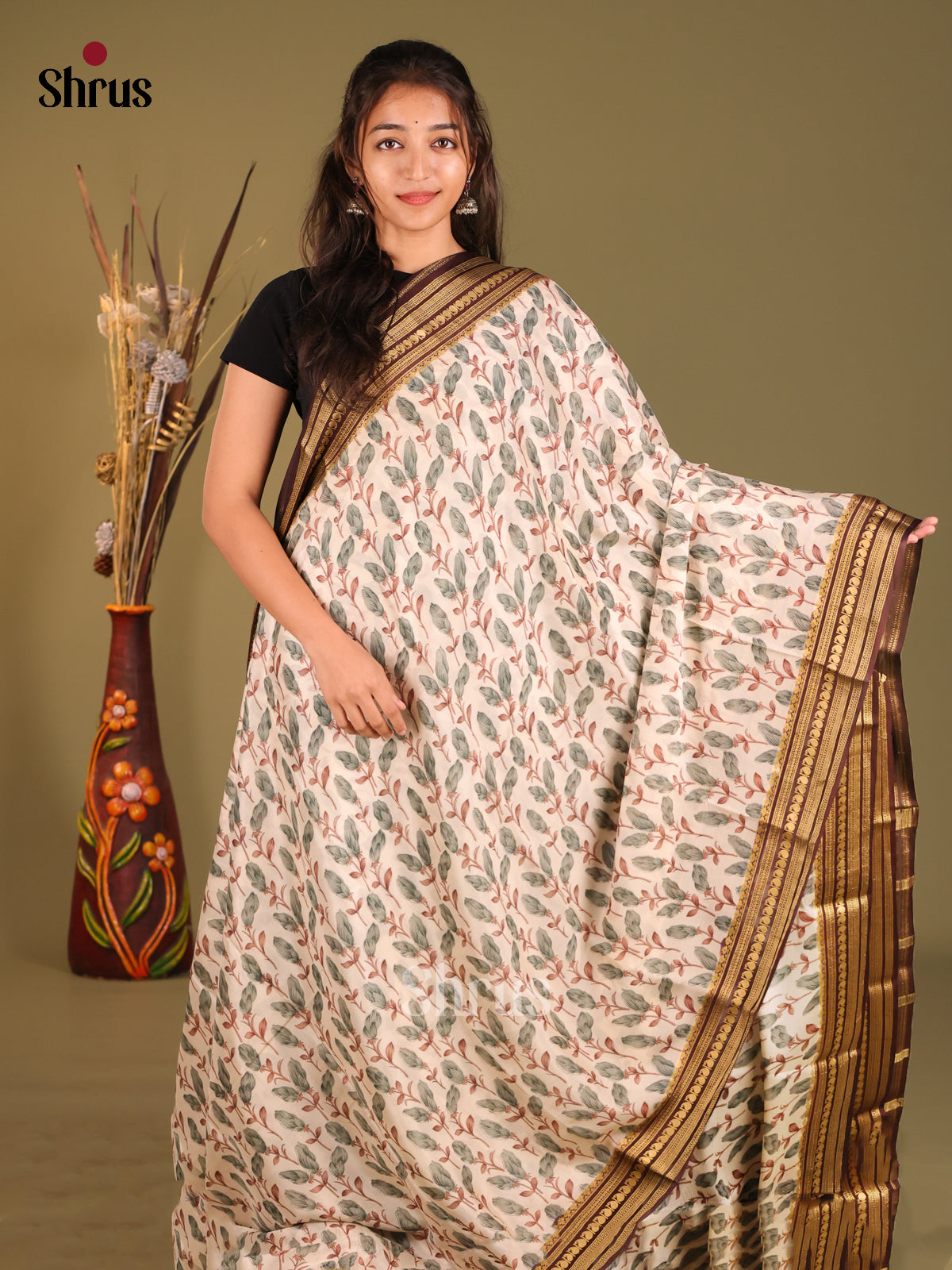 Timeless Cream Printed Mysore Silk Saree With Brown Zari Border