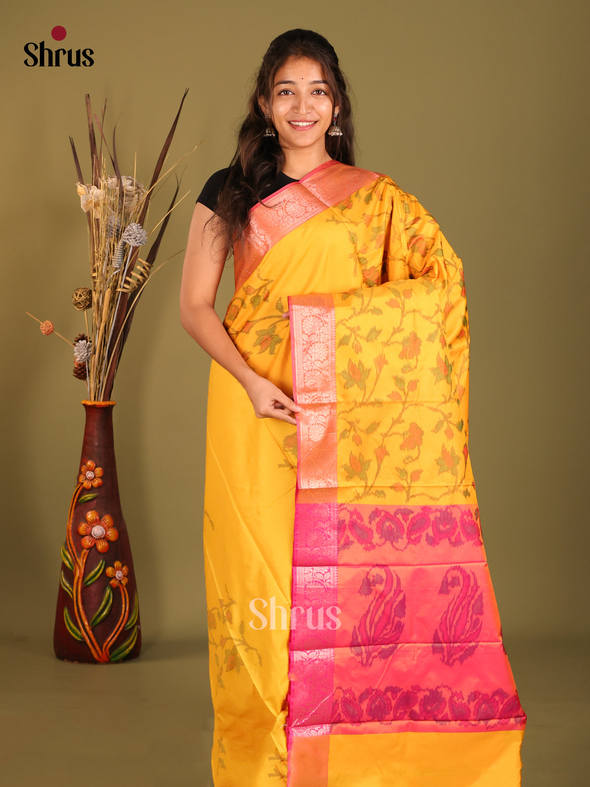 Yellow & Pink - Semi Pochampally Saree - Shop on Shrus.com