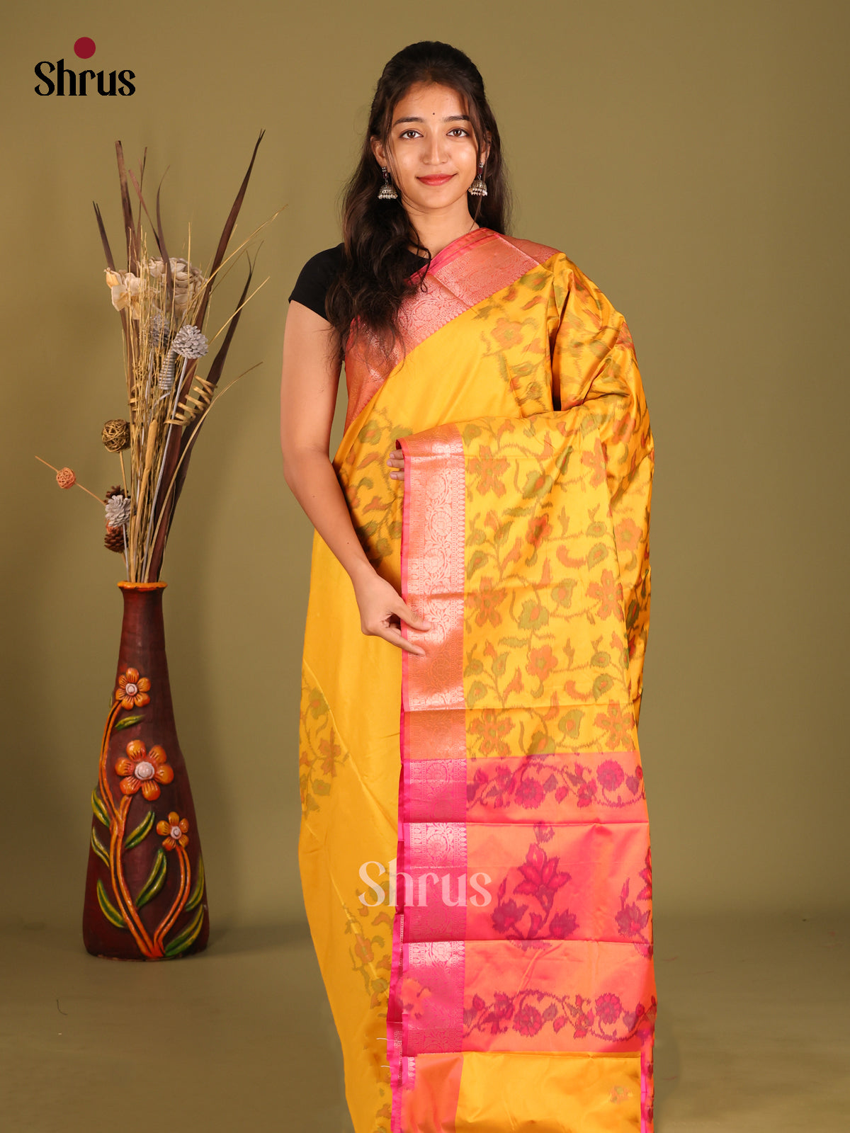 Yellow & Pink - Semi Pochampally Saree - Shop on Shrus.com