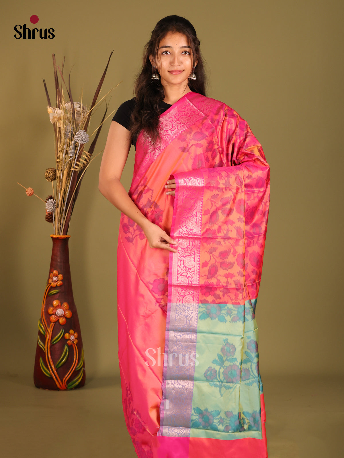 Orange & Green - Semi Pochampally Saree - Shop on Shrus.com