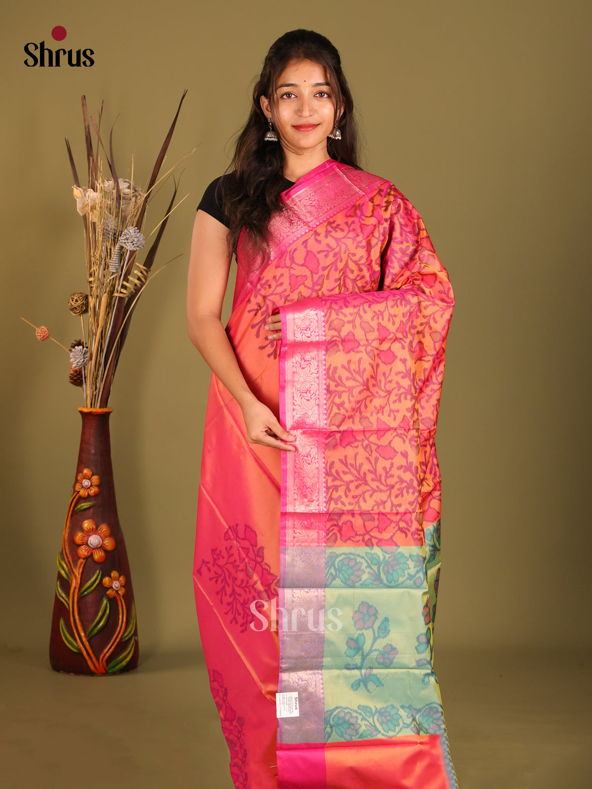 Orange & Green - Semi Pochampally Saree - Shop on Shrus.com