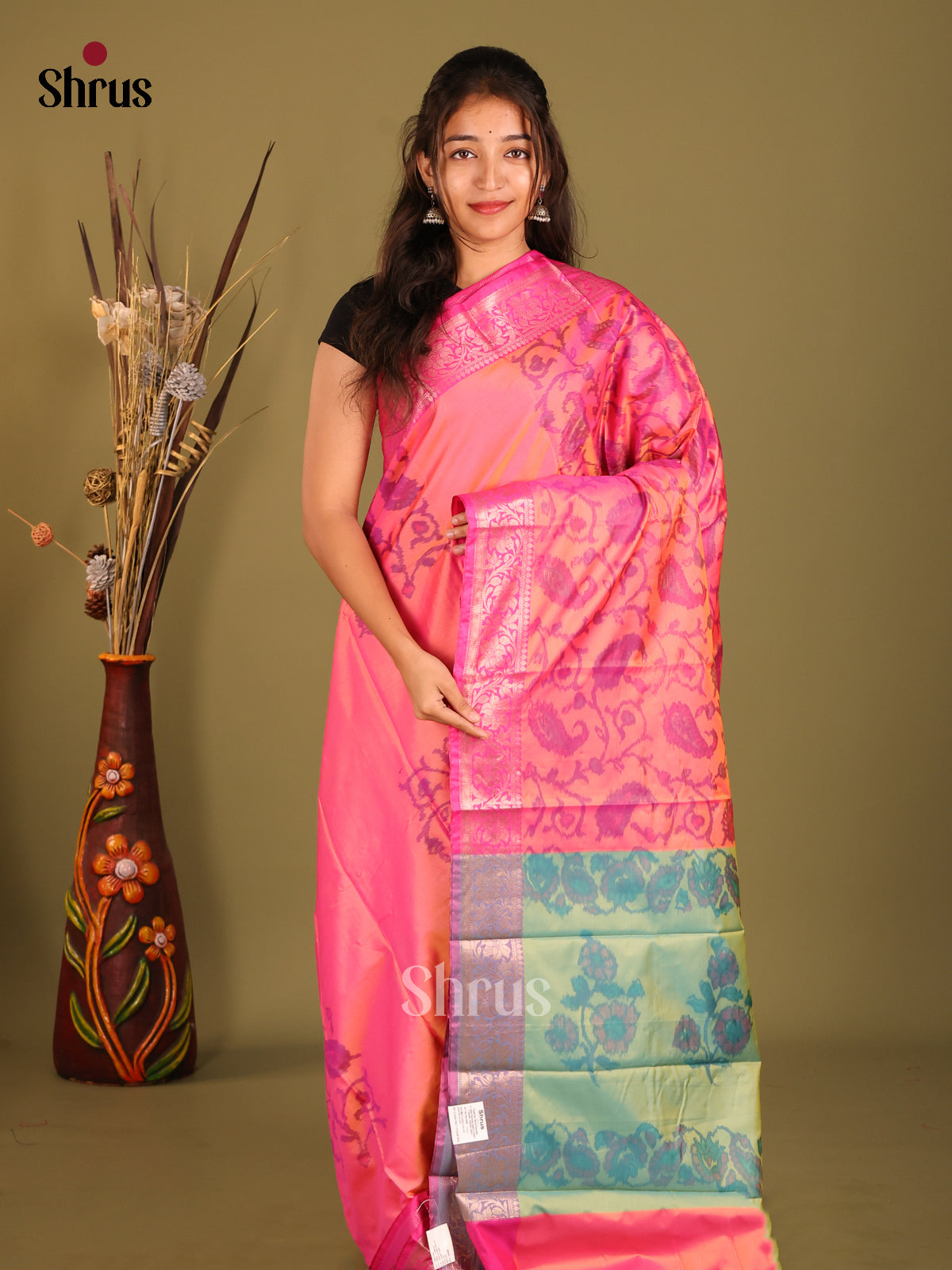 Pink & Green- Semi Pochampally Saree - Shop on Shrus.com