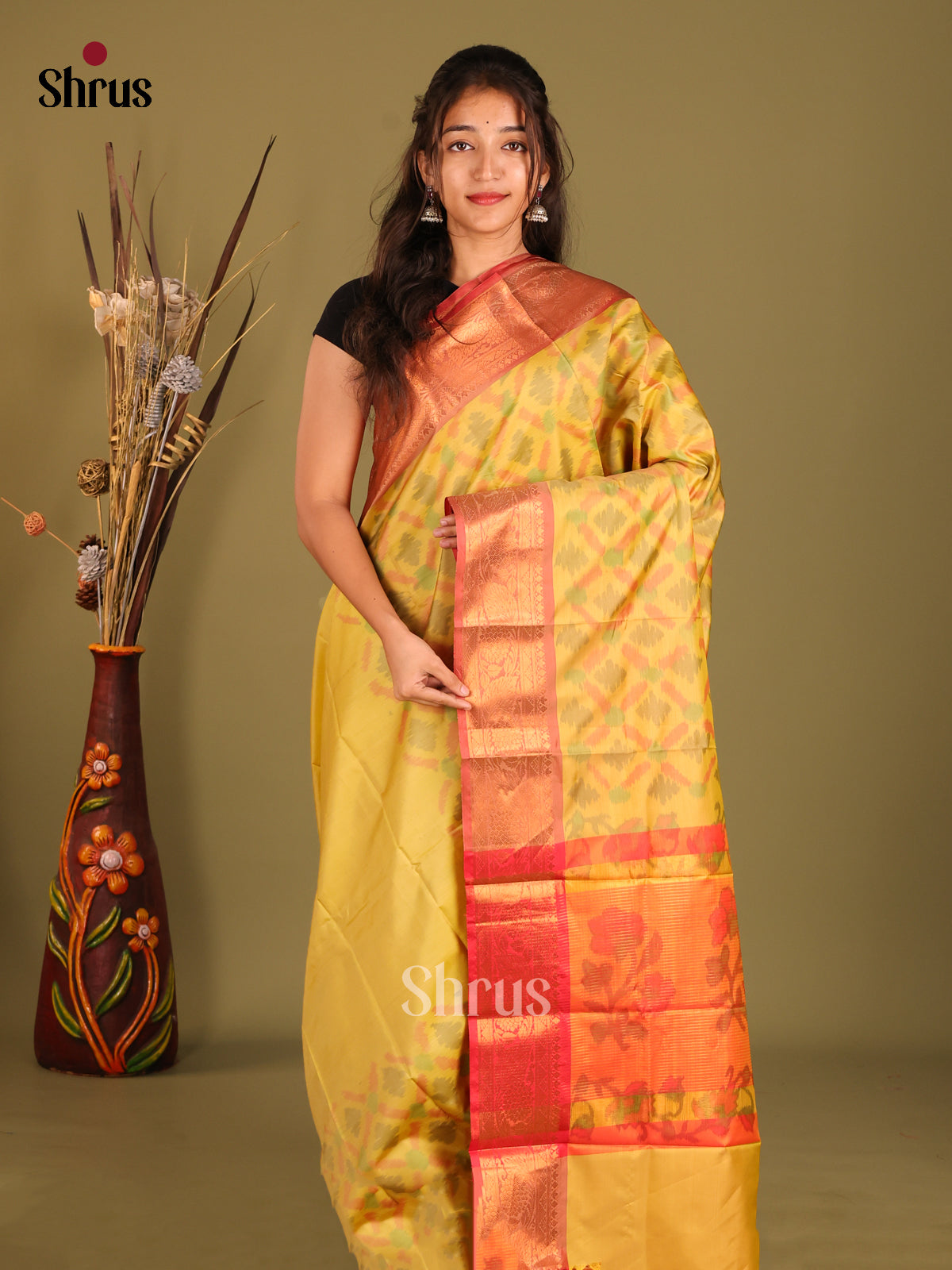 Yellow & Orange - Semi Pochampally Saree - Shop on Shrus.com