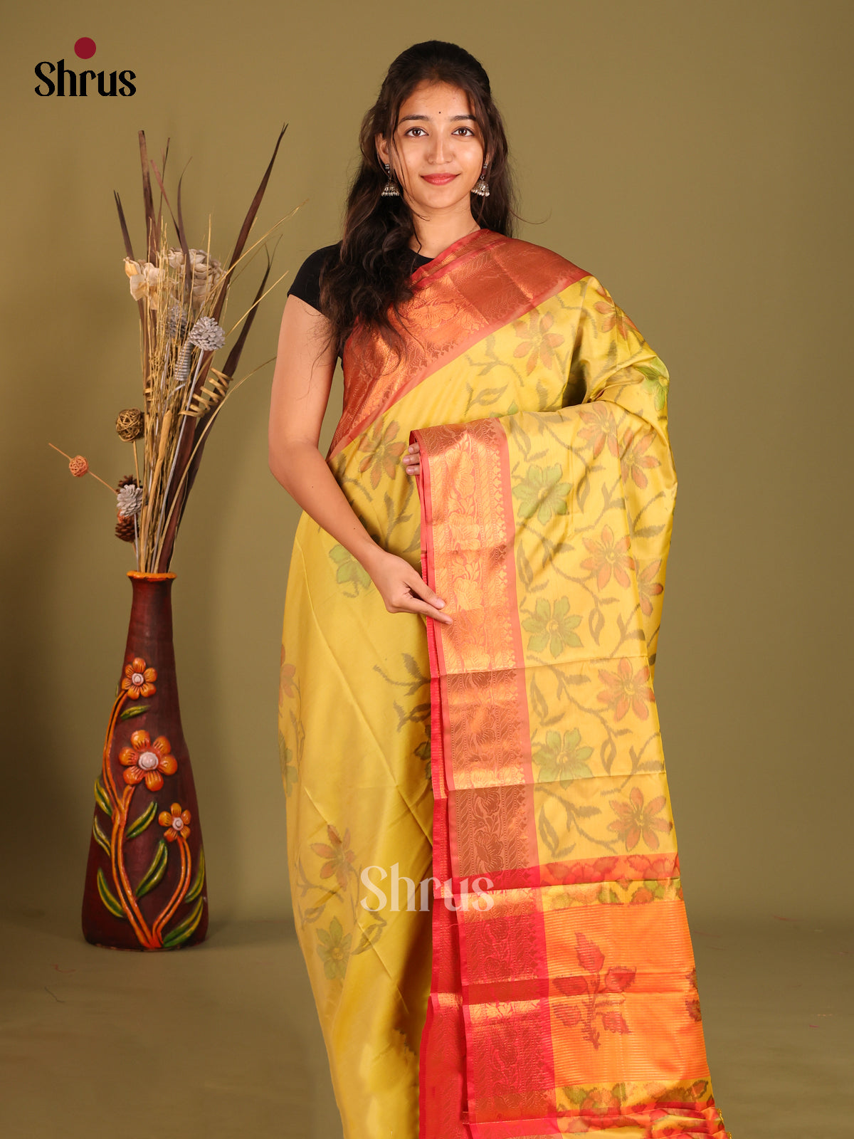 Yellow & Red - Semi Pochampally Saree - Shop on Shrus.com