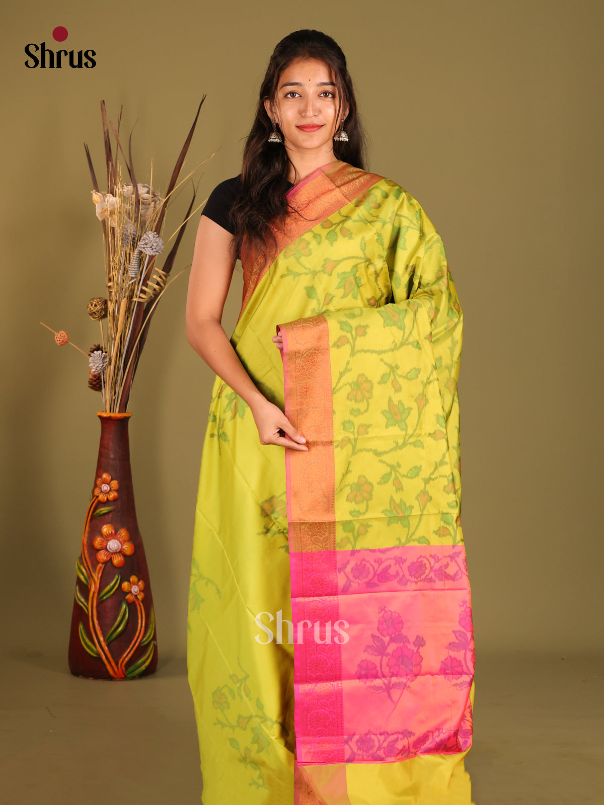 Light Green & Pink - Semi Pochampally Saree - Shop on Shrus.com