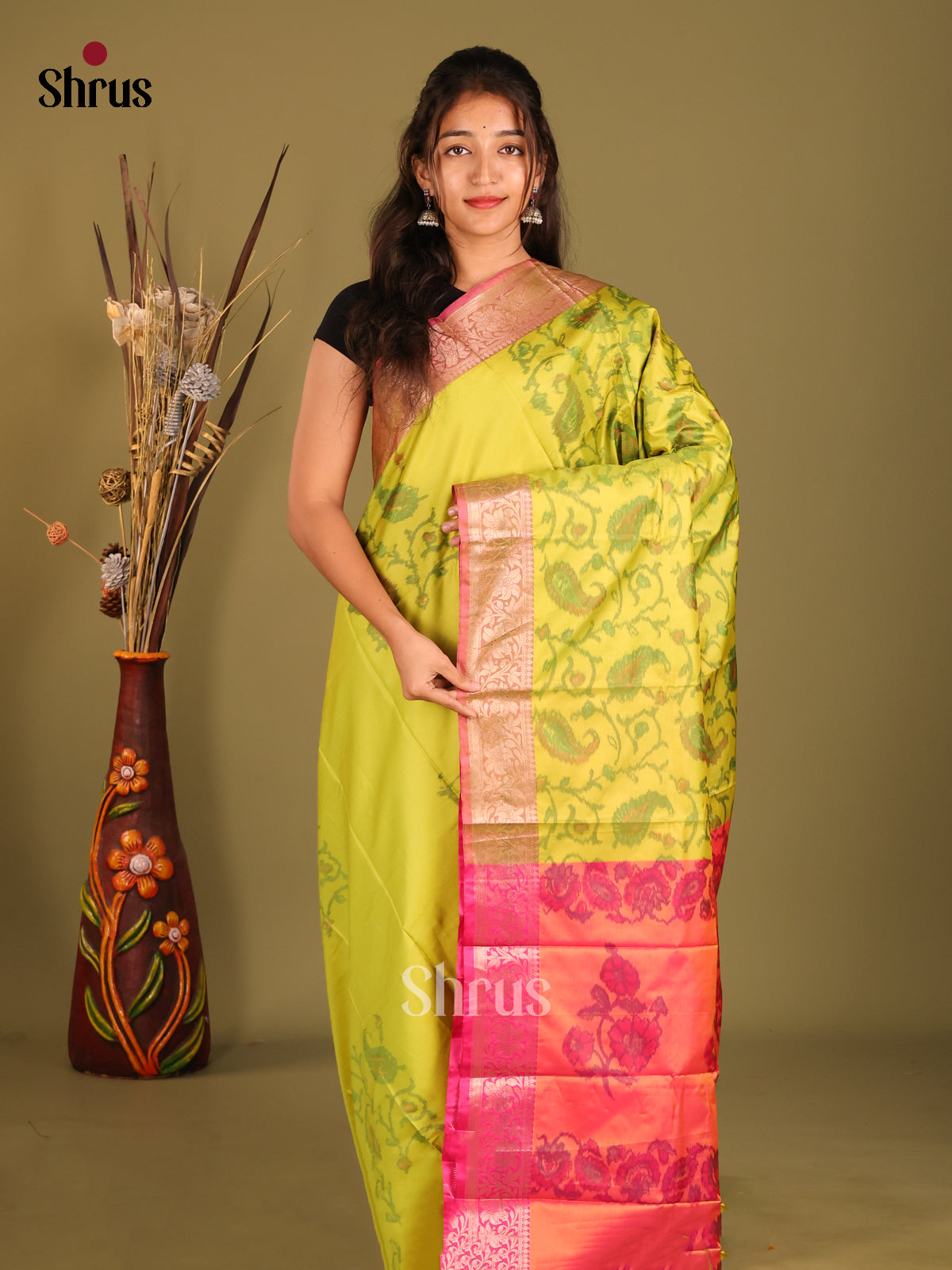 Light Green & Orange - Semi Pochampally Saree - Shop on Shrus.com