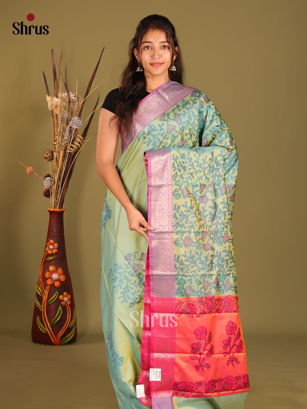 Pastel Green & Purple- Semi Pochampally Saree - Shop on Shrus.com