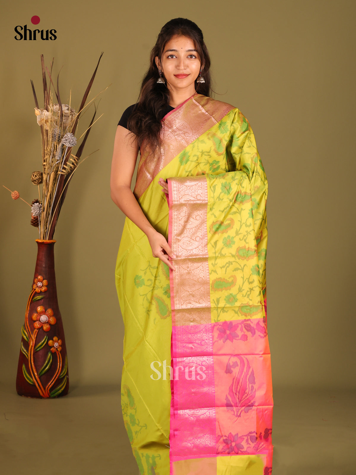 Green & Pink- Semi Pochampally Saree - Shop on Shrus.com
