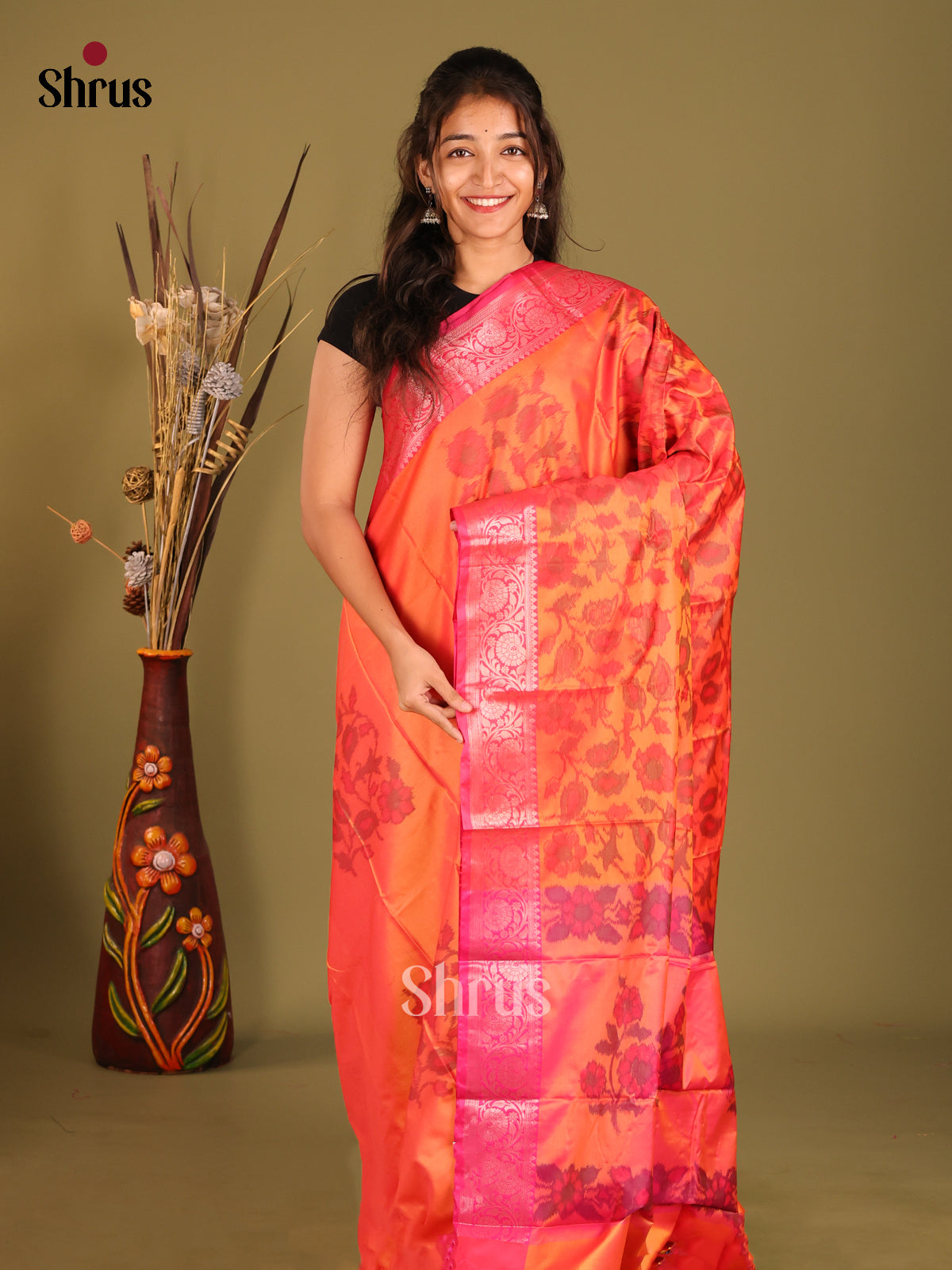 Orange & Pink- Semi Pochampally Saree - Shop on Shrus.com
