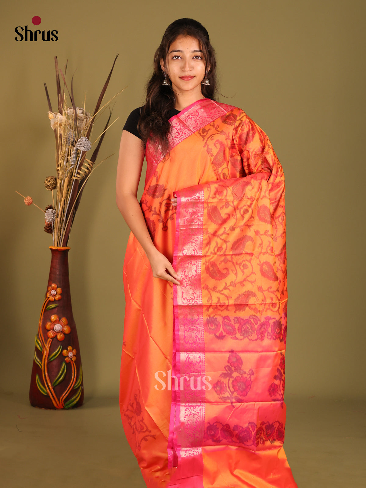 Orange & Pink - Semi Pochampally Saree - Shop on Shrus.com