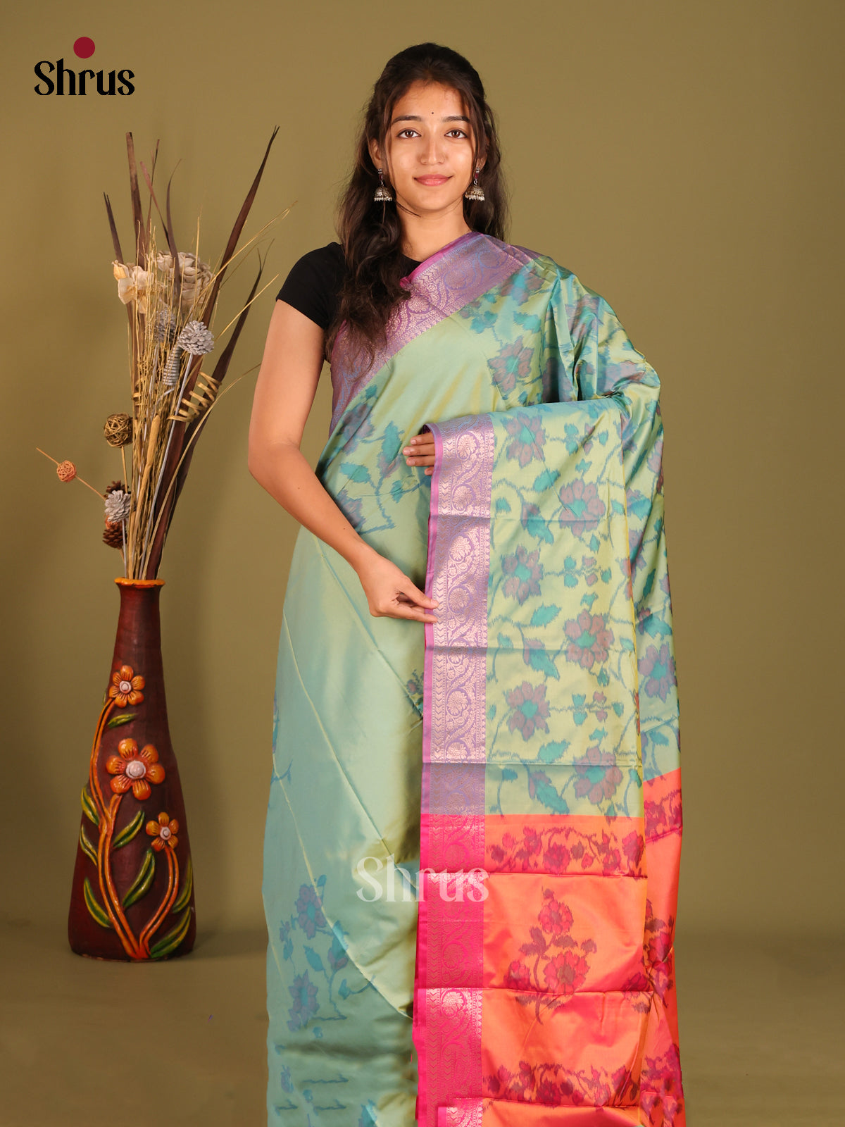 Green & Purple - Semi Pochampally Saree - Shop on Shrus.com