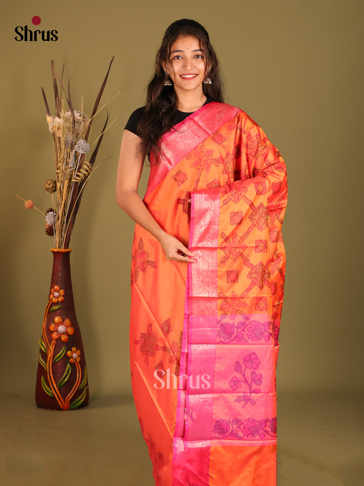 Orange & Pink- Semi Pochampally Saree - Shop on Shrus.com