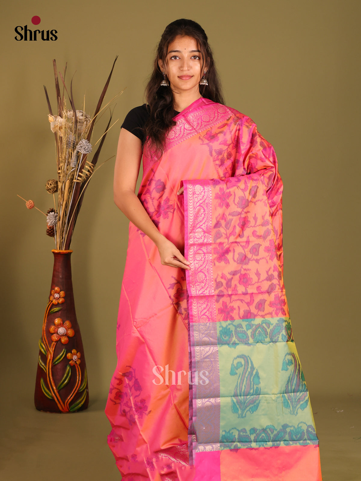 Orange & Pink - Semi Pochampally Saree - Shop on Shrus.com