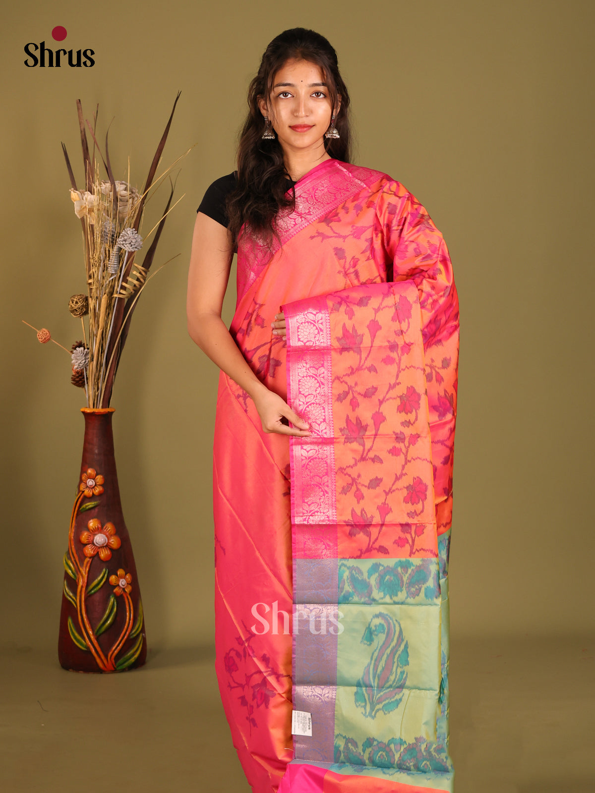 Orange & Pink - Semi Pochampally Saree - Shop on Shrus.com