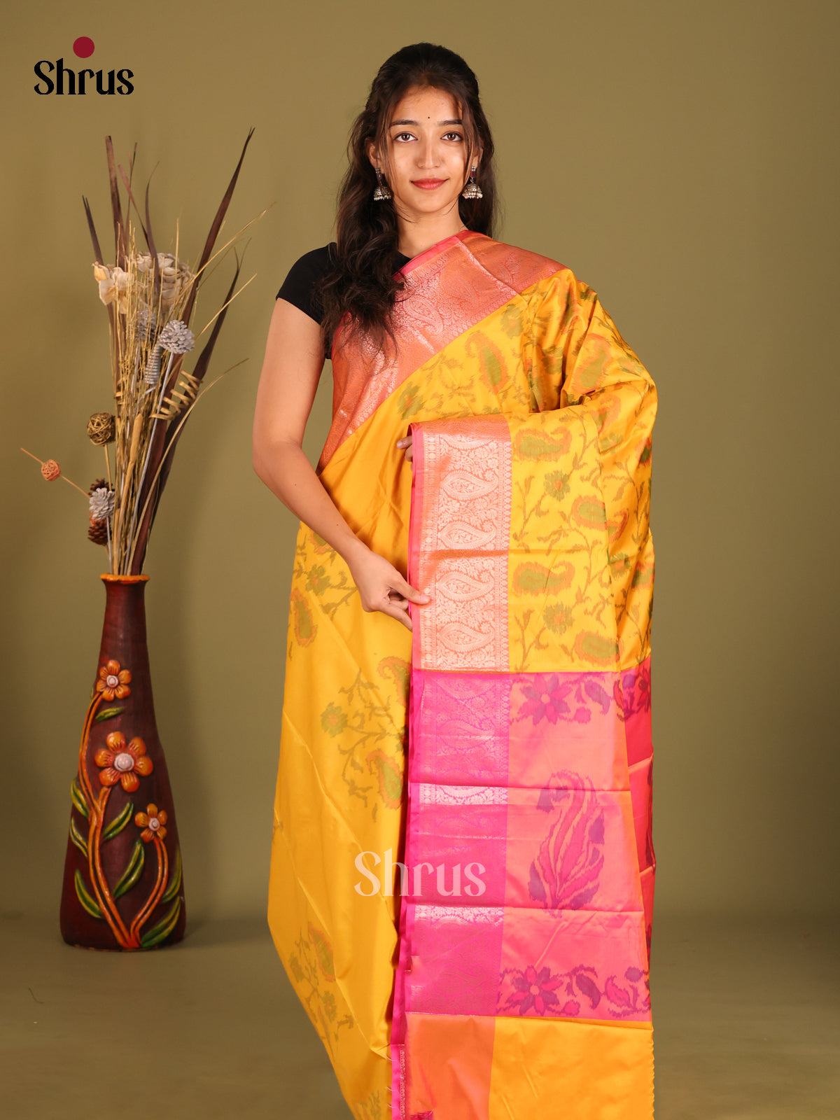 Yellow & Pink- Semi Pochampally Saree - Shop on Shrus.com