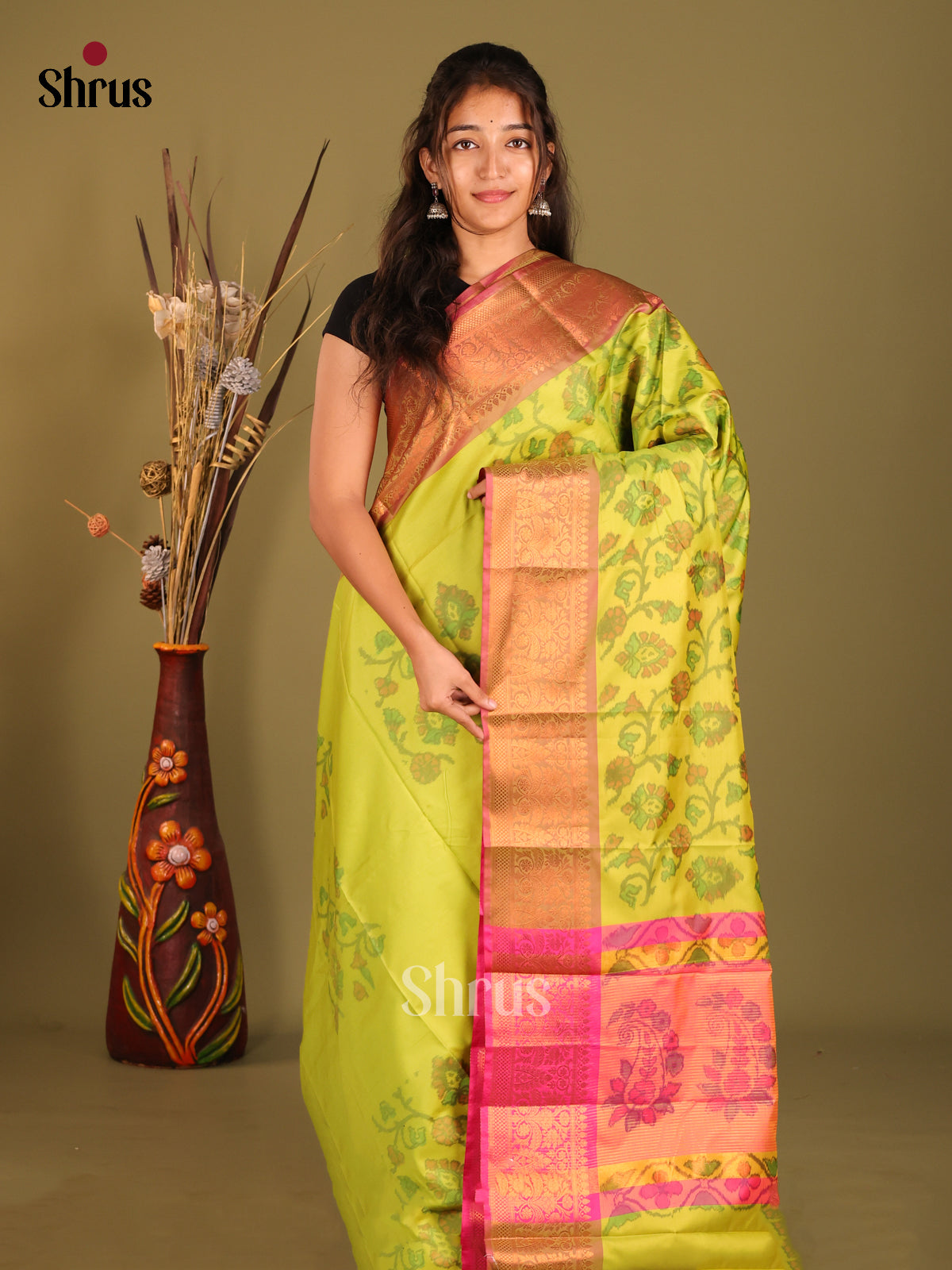 Light Green & Pink - Semi Pochampally Saree - Shop on Shrus.com