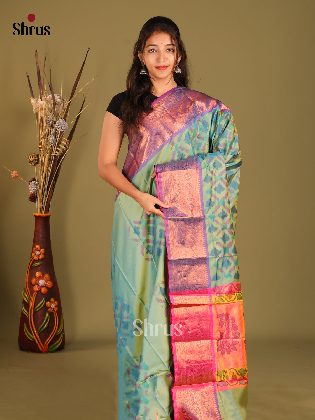 Pastel Green & Purple - Semi Pochampally Saree - Shop on Shrus.com
