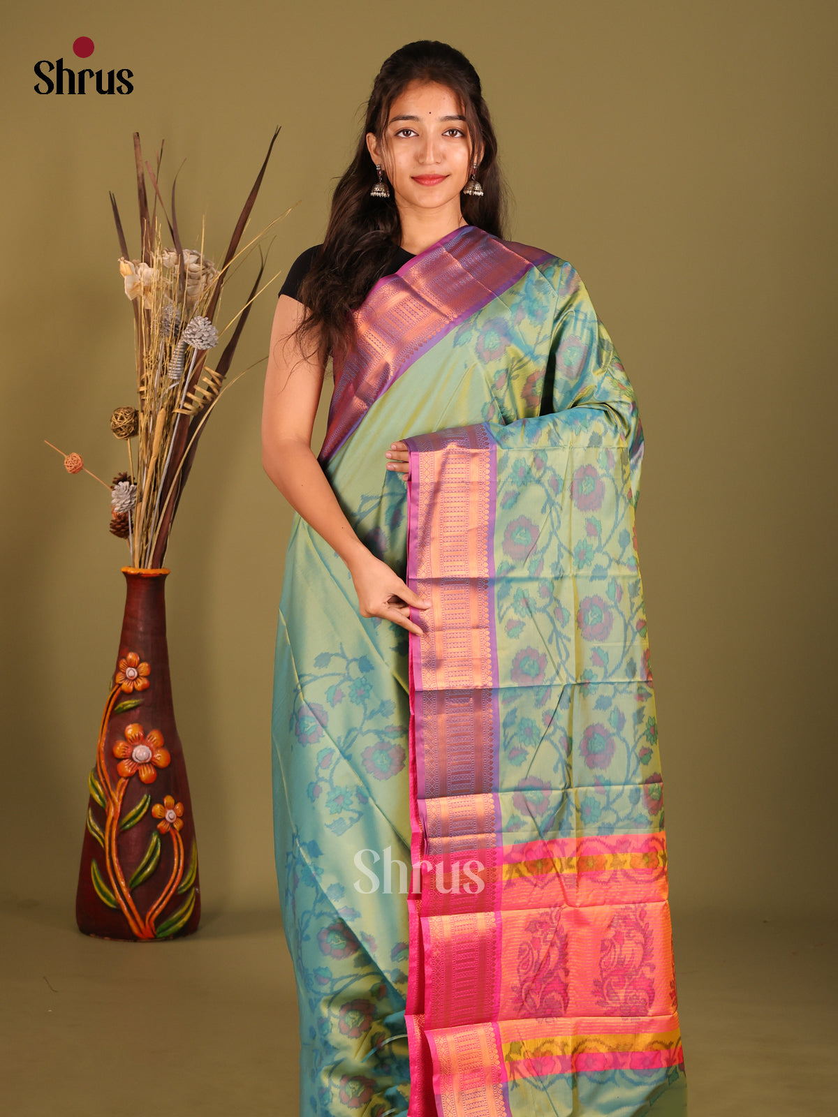 Pastel Green & Purple - Semi Pochampally Saree - Shop on Shrus.com