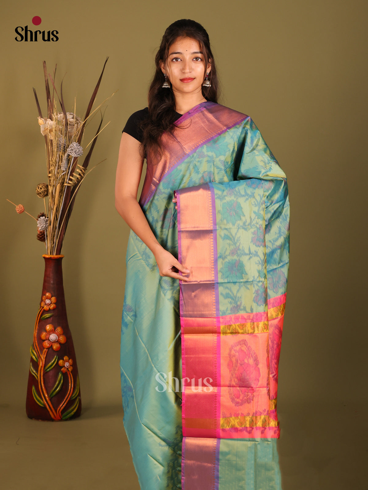 Green & Purple - Semi Pochampally Saree - Shop on Shrus.com