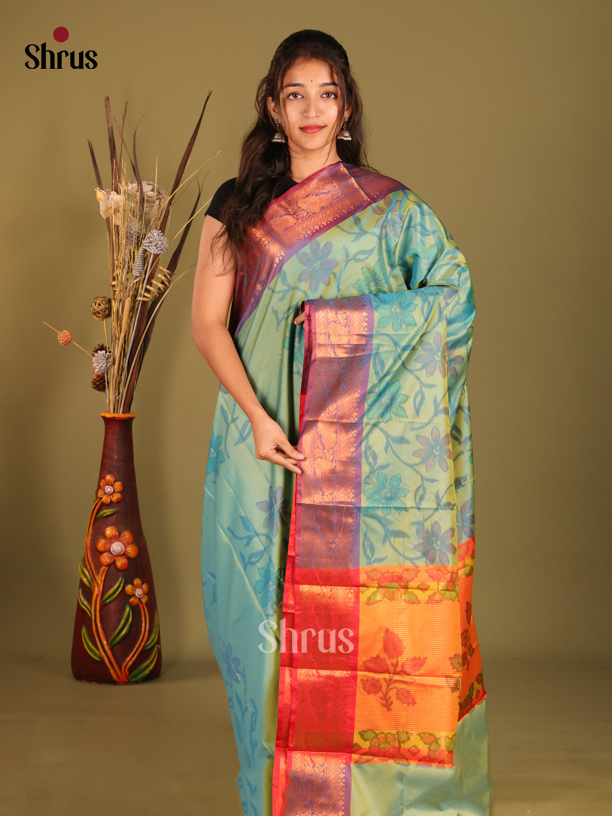Pastel Green & Orange - Semi Pochampally Saree - Shop on Shrus.com