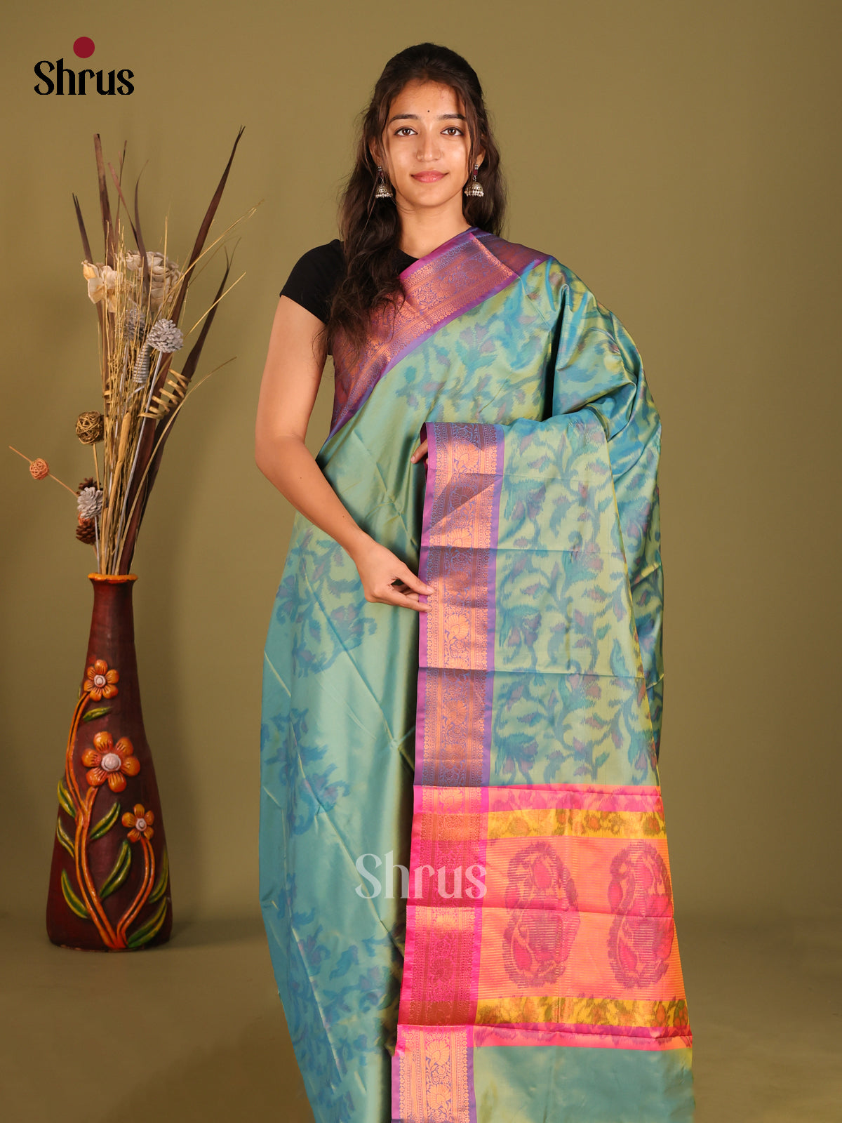 Green & Purple - Semi Pochampally Saree - Shop on Shrus.com