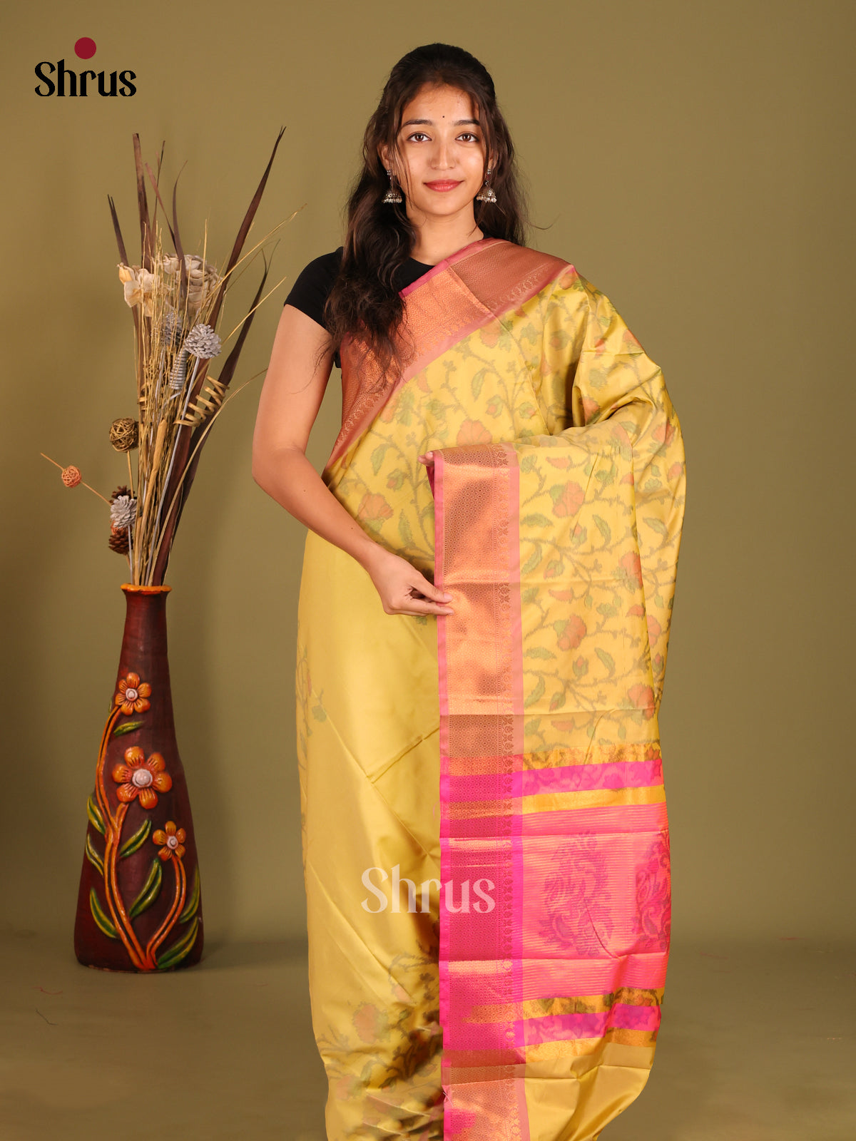 Yellow & Pink - Semi Pochampally Saree - Shop on Shrus.com