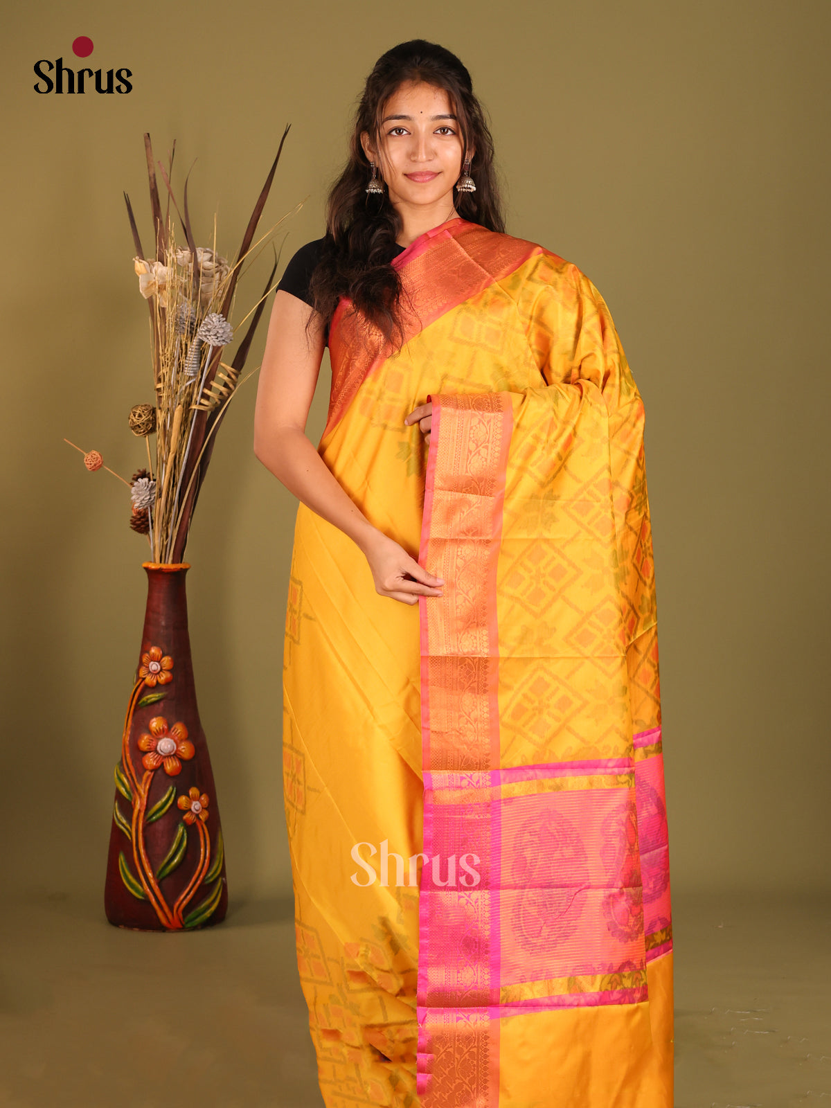 Yellow & Pink- Semi Pochampally Saree - Shop on Shrus.com