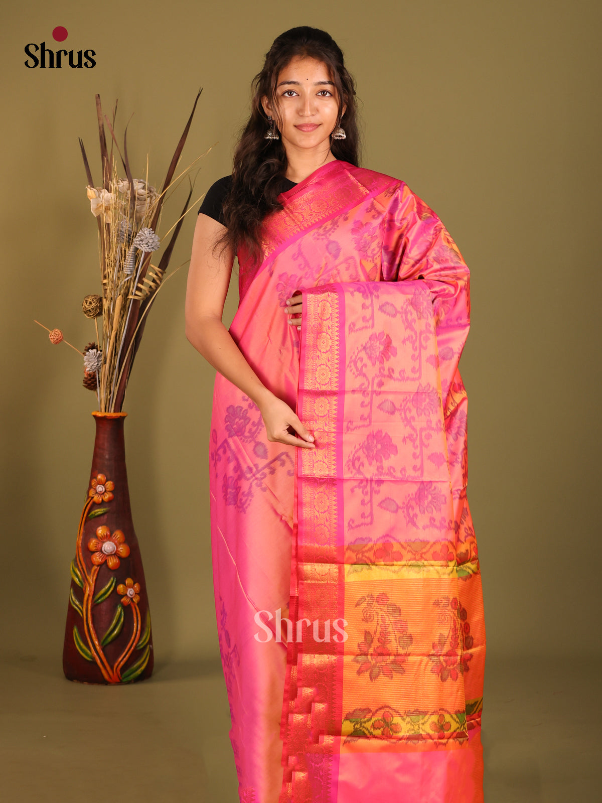 Pink & Orange - Semi Pochampally Saree - Shop on Shrus.com
