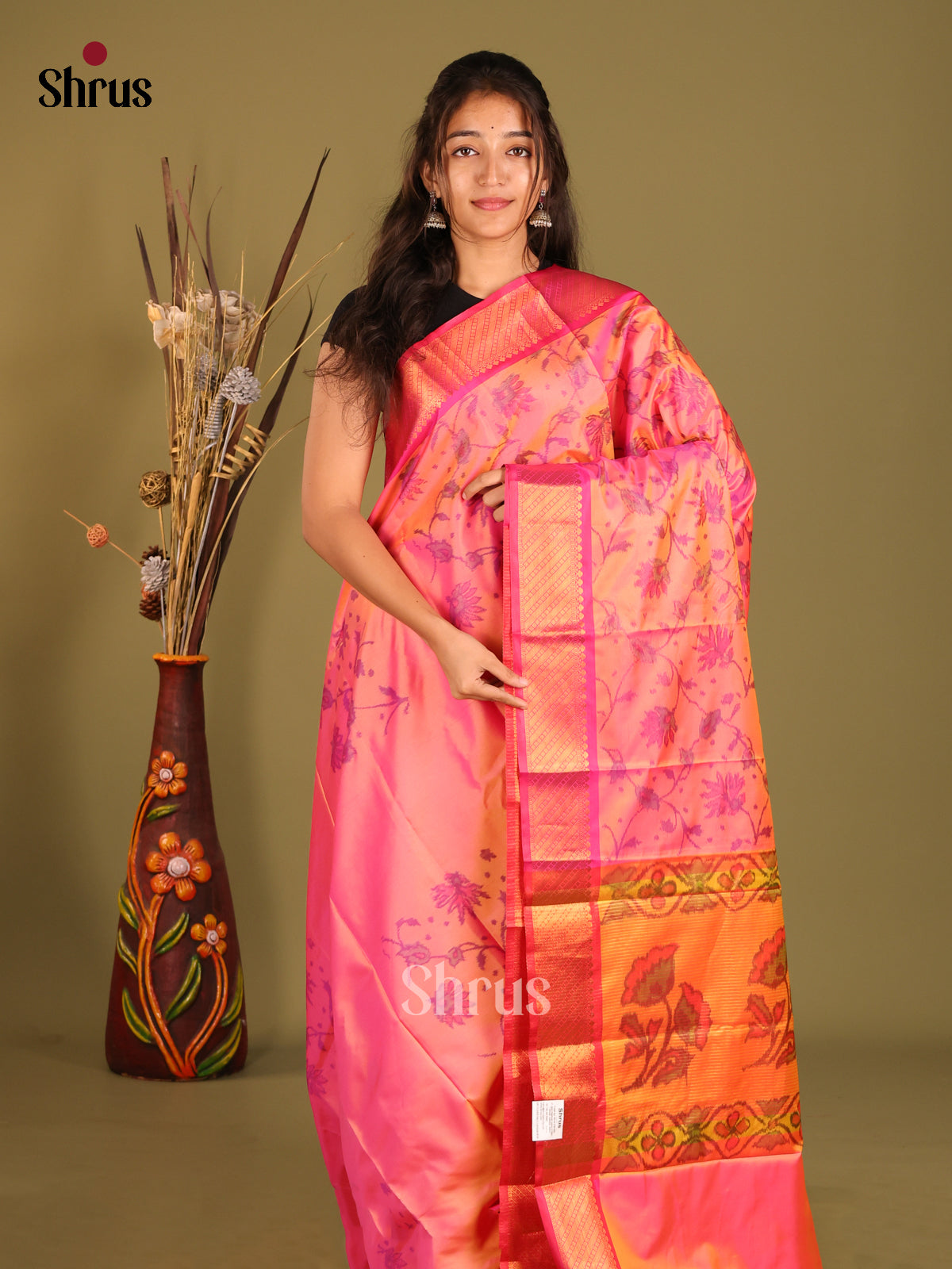 Pink & Orange - Semi Pochampally Saree - Shop on Shrus.com
