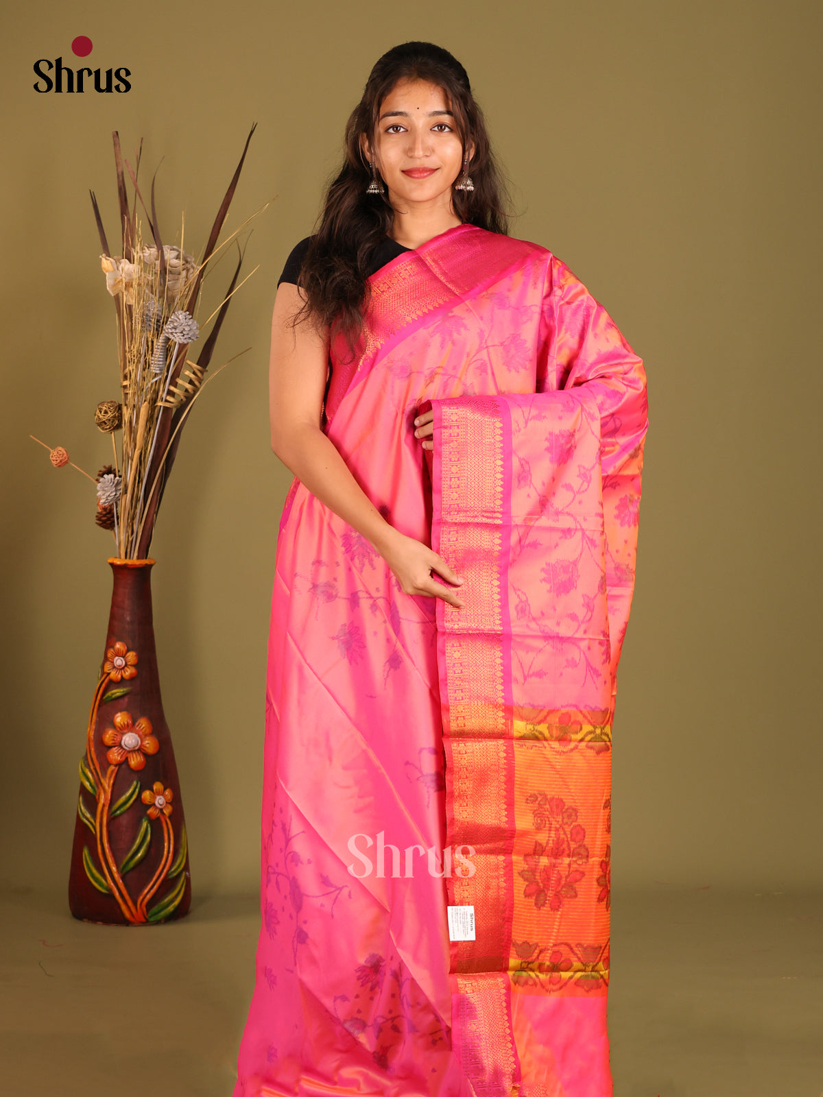 Pink & Orange - Semi Pochampally Saree - Shop on Shrus.com