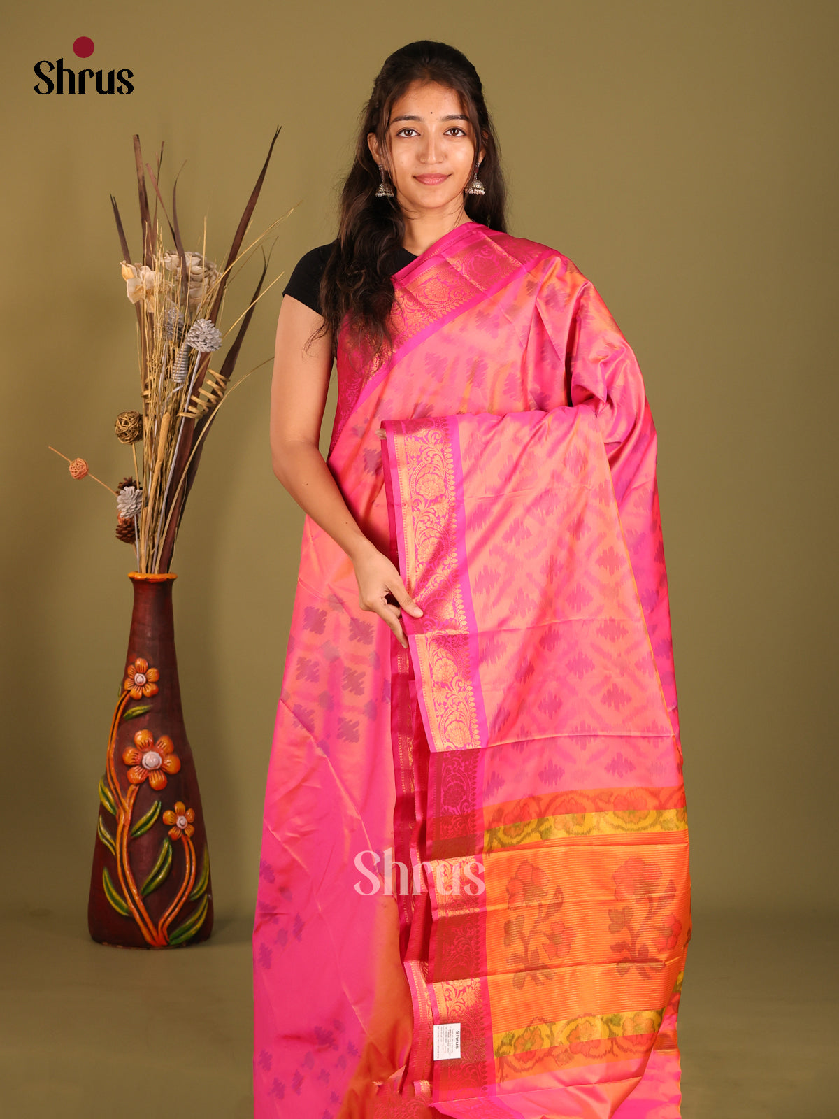 Pink & Orange- Semi Pochampally Saree