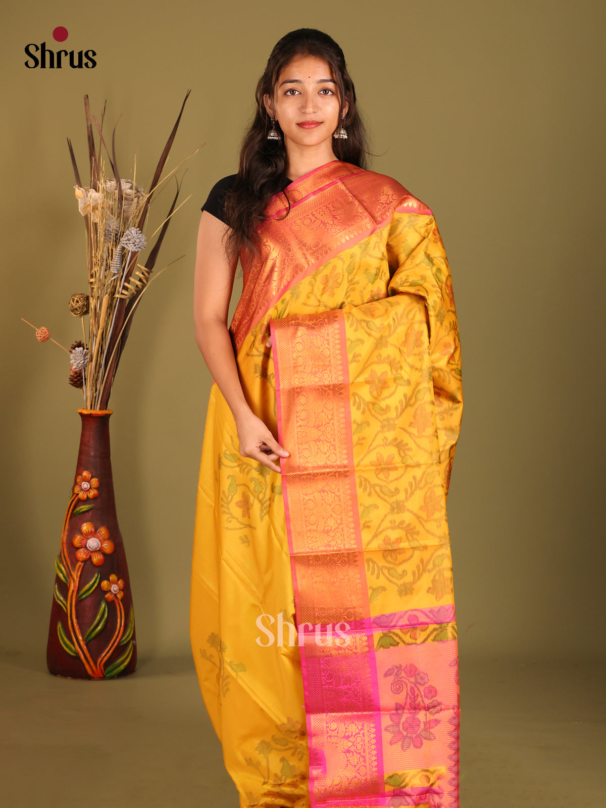 Yellow & Pink - Semi Pochampally Saree - Shop on Shrus.com