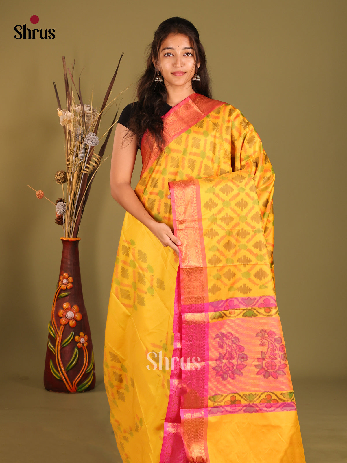 Yellow & Pink- Semi Pochampally Saree - Shop on Shrus.com