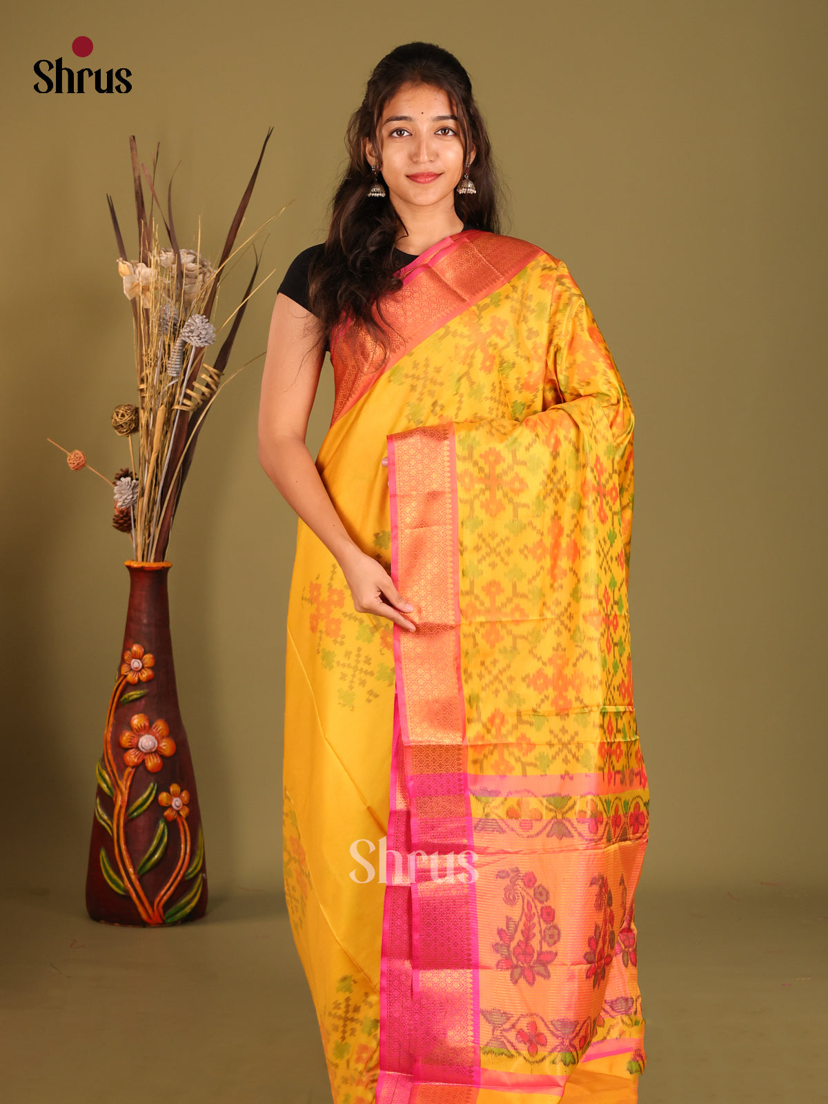 Yellow & Pink - Semi Pochampally Saree - Shop on Shrus.com