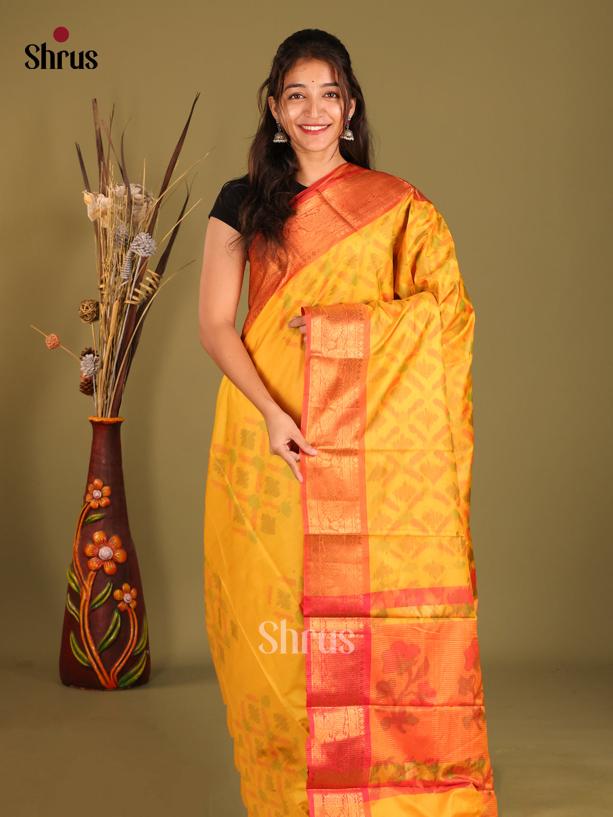 Yellow & REd- Semi Pochampally Saree - Shop on Shrus.com