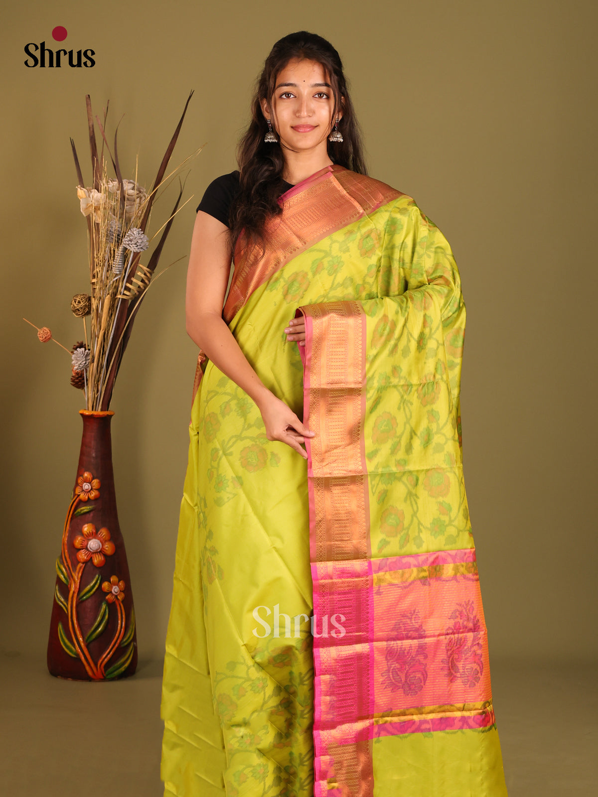 Green & Pink - Semi Pochampally Saree - Shop on Shrus.com