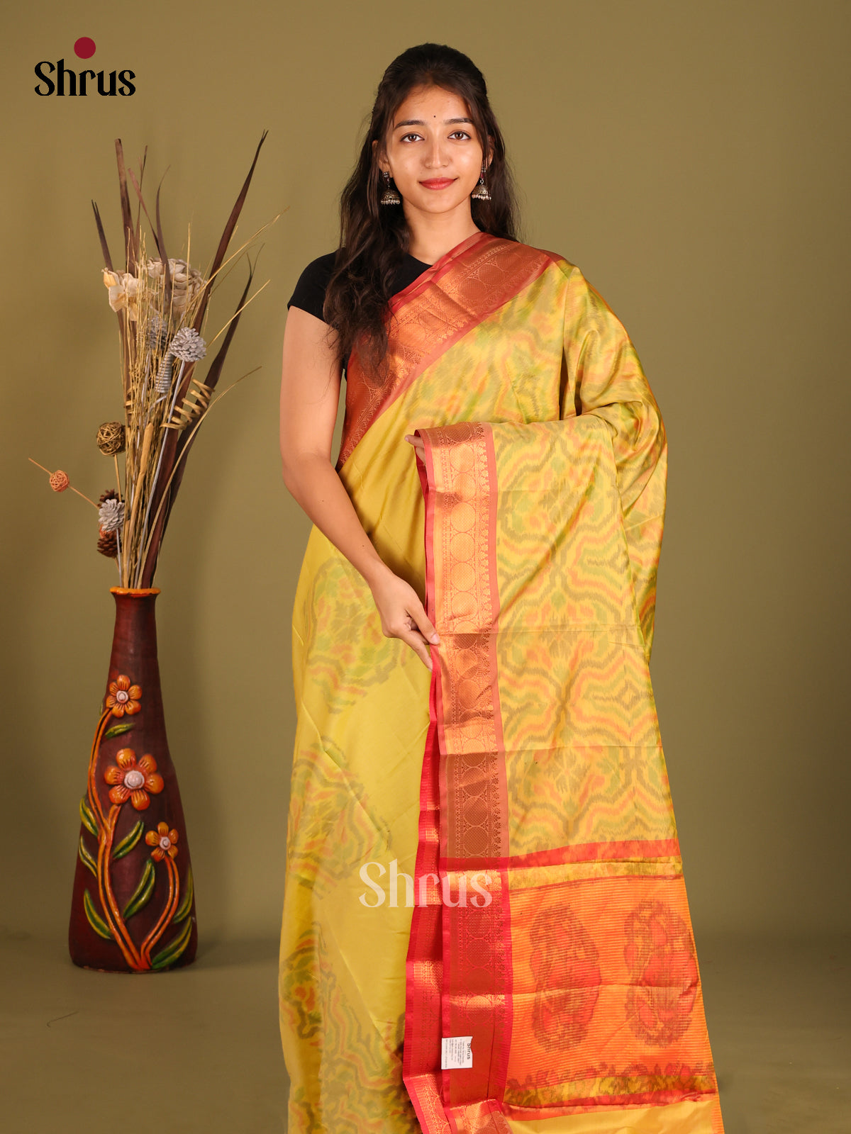Yellow & Red- Semi Pochampally Saree - Shop on Shrus.com
