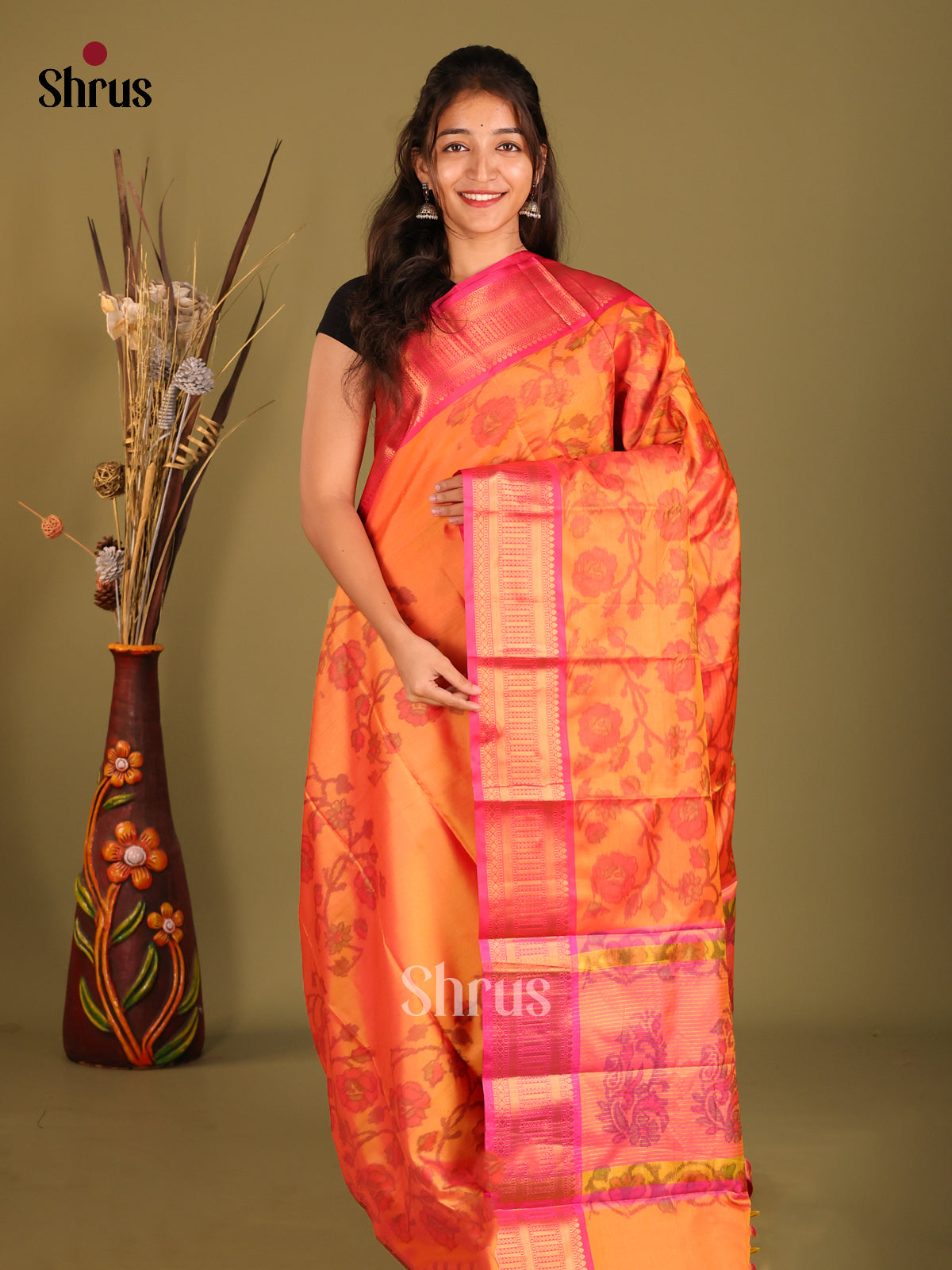 Orange & Pink- Semi Pochampally Saree - Shop on Shrus.com